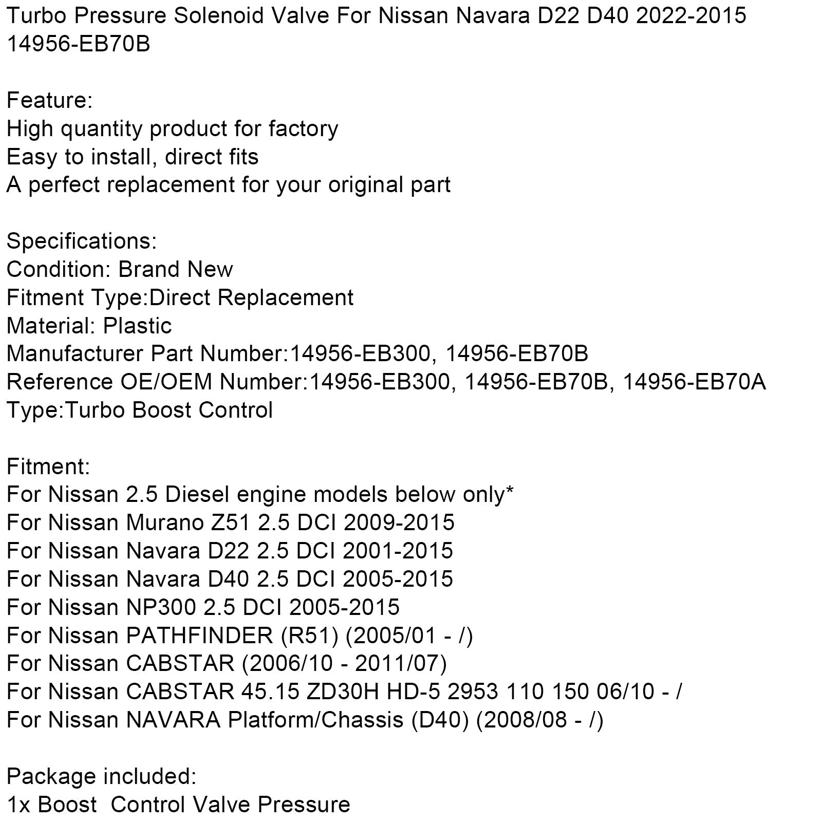 PALASER 2012-2015 Nissan Navara D22 D40 14956-EB70B Turbo Pressure Solenoid Valve - Image 5