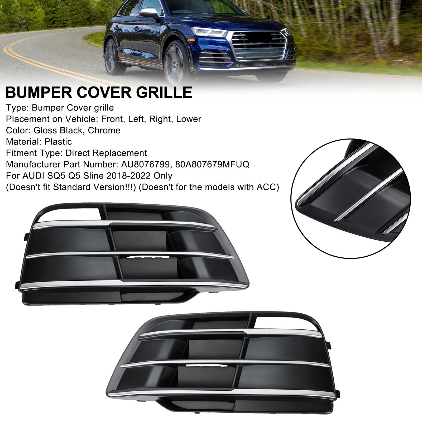 PALASER 18-22 Audi SQ5 Q5 Sline Front Bumper Grille Grill 80A807679MRU6 AU8076799 - Image 5