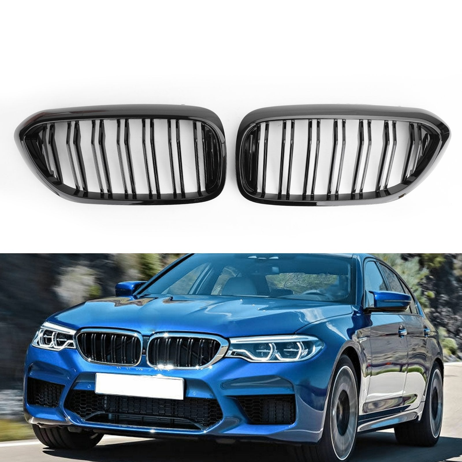 PALASER Front Kidney Grille Glossy Black Double Slat For 2017-2019 BMW 5Series G30 G31 Sedan