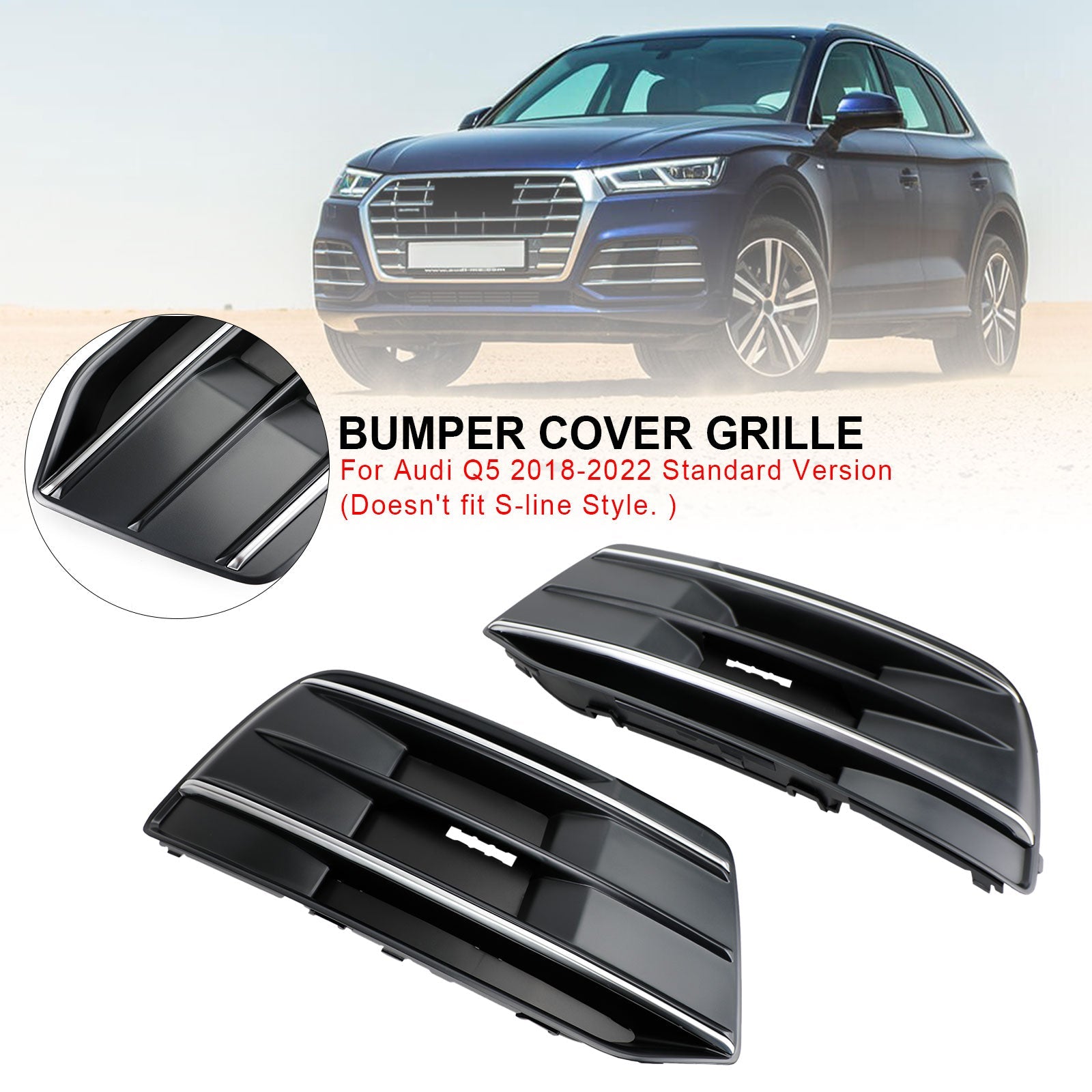 PALASER 2018-2022 Audi Q5 Standard Version 2PCS Black/chrome Front Bumper Cover Grille Bezel Insert - Image 4