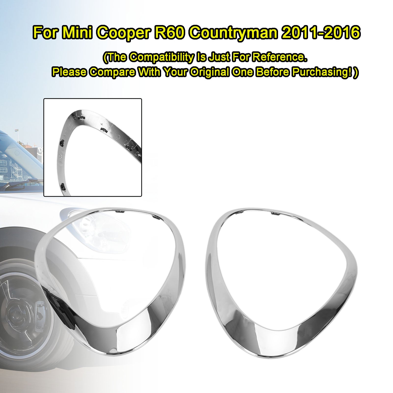 PALASER 2011-2016 Mini Cooper R60 Countryman 2X Chrome Headlight Trim Ring Bezels 51139801573 51139801574 - Image 6