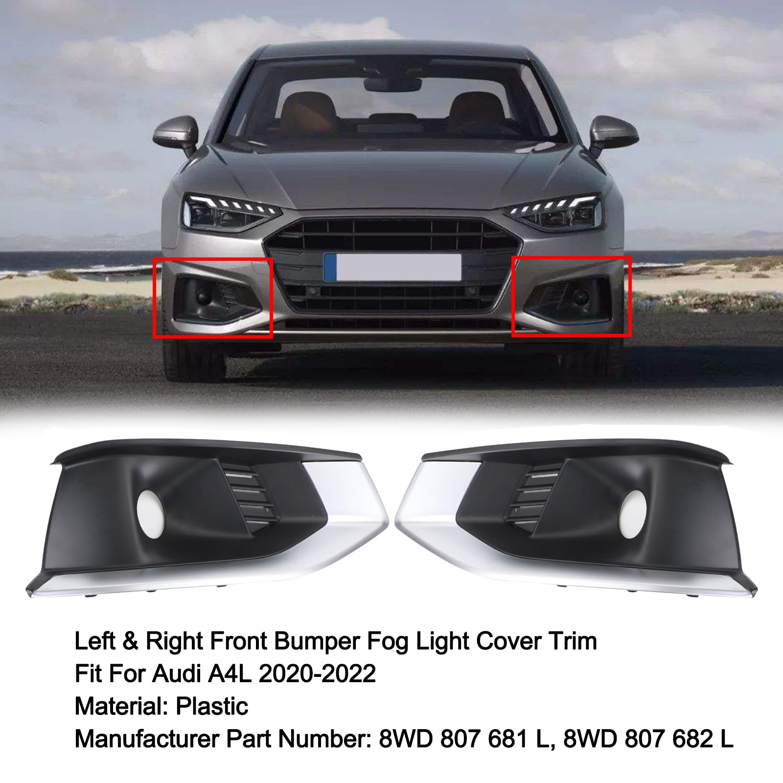 PALASER 2020-2022 Audi A4L Left & Right Front Bumper Fog Light Grille Cover Trim 8WD807682L/1L - Image 2