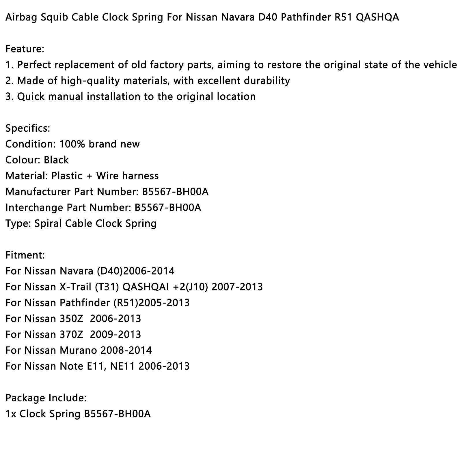 PALASER Airbag Squib Cable Clock Spring Fit Nissan Navara D40 Pathfinder R51 Qashqa - Image 13
