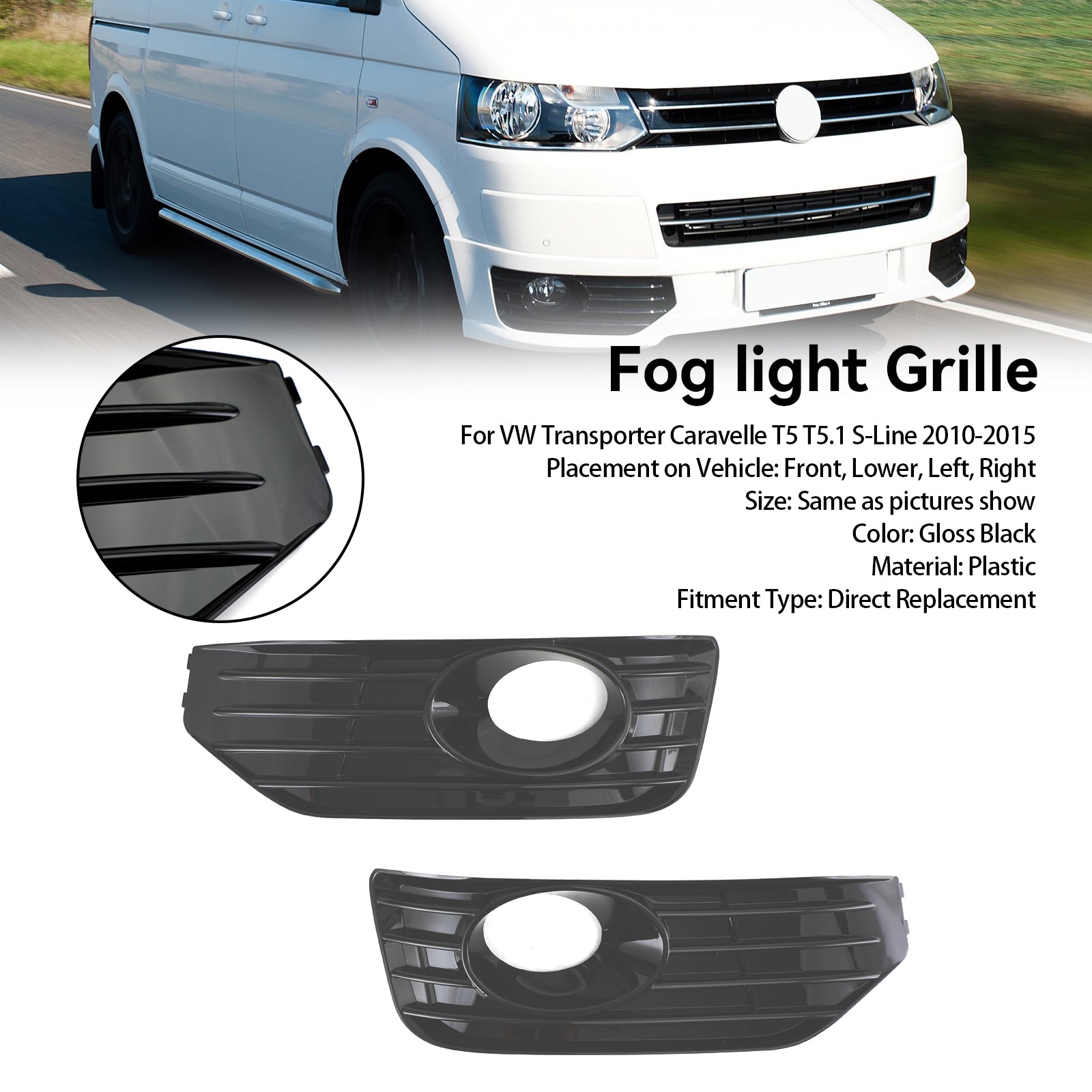 PALASER 2010-15 Vw Transporter Caravelle T5 T5.1 S-line Fog Lamp Light Cover Insert S-line Grill Gloss Black - Image 5