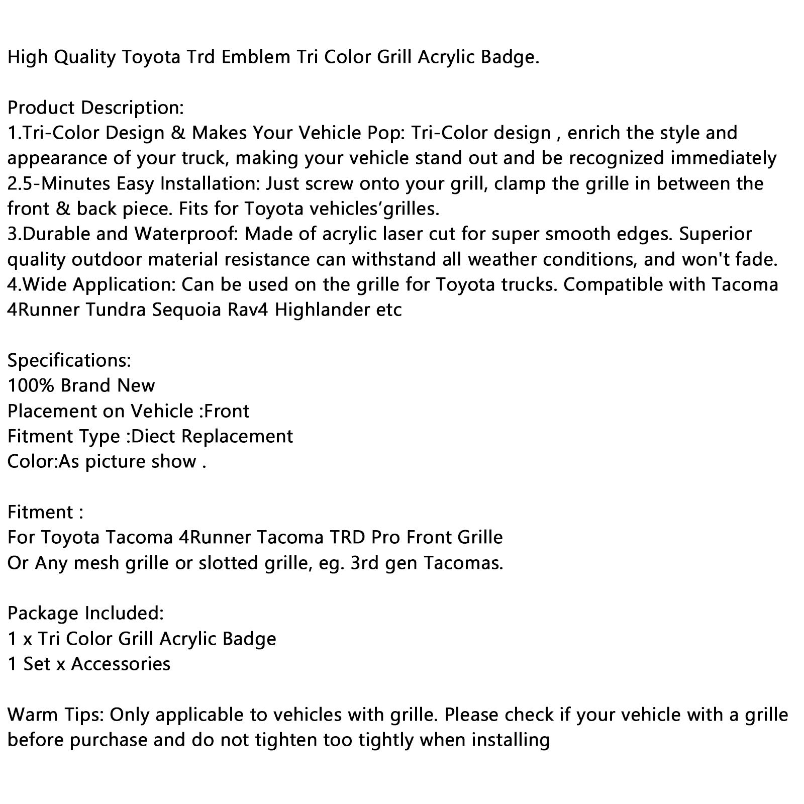 PALASER Tri-color 3 Grille Badge Emblem For Toyota Tacoma 4Runner Tundra Rav4 Highlander - Image 8