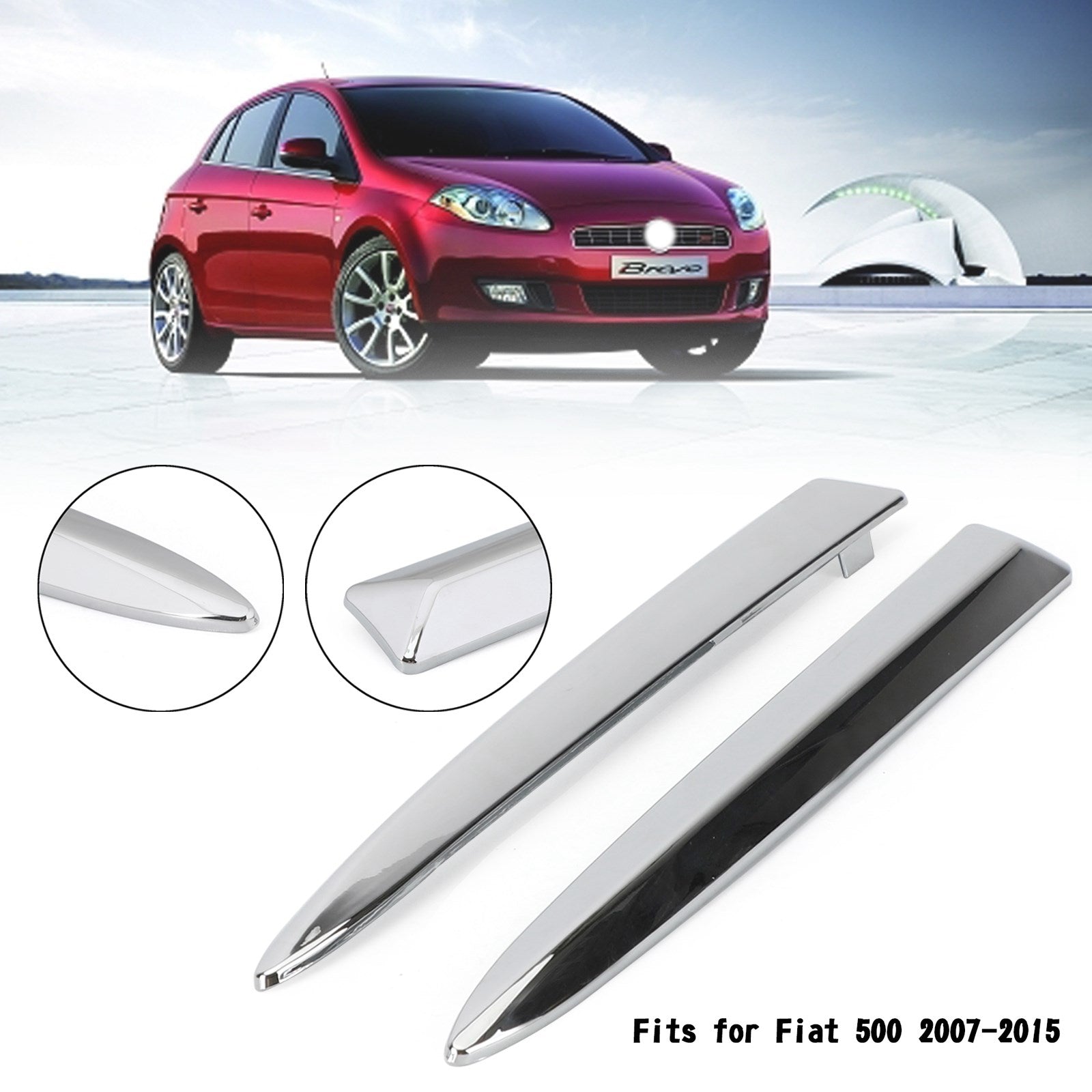 PALASER Pair Chrome Front Bumper Upper Grill Moulding Trim For Fiat 500 2007-2015 - Image 2