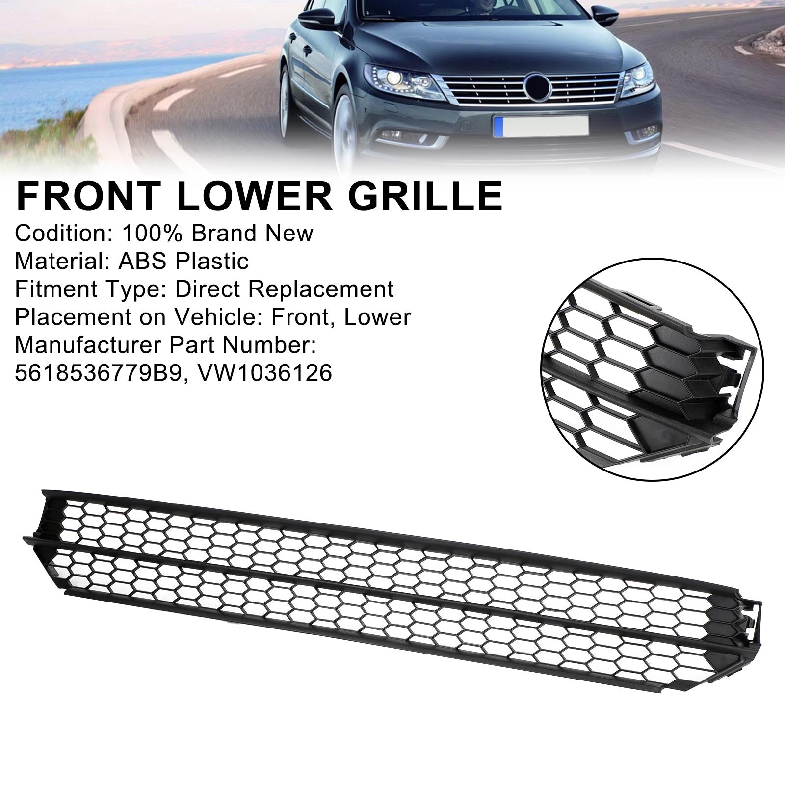 PALASER Vw Passat 12-15 Honeycomb Front Bumper Lower Black Grill 5618536779B9 VW1036126 - Image 6