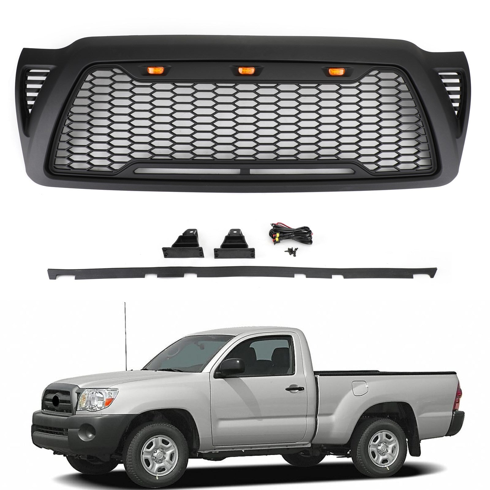 PALASER Front Grille Bumper Hood Mesh Grill Fit Toyota Tacoma 2005-2011 With LED Lights