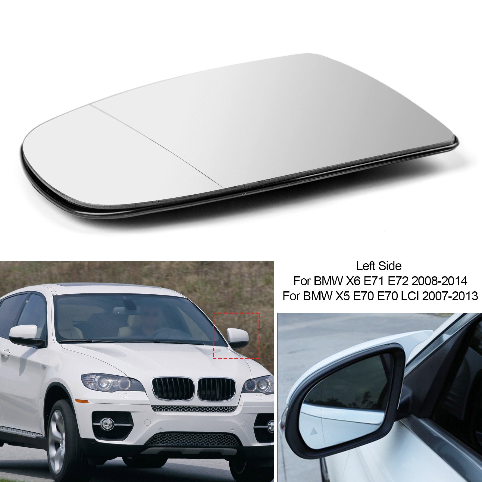PALASER 2008-2014 BMW X5 X6 E70 E71 E72 Left Heated Wing Side Mirror White Glass - Image 2