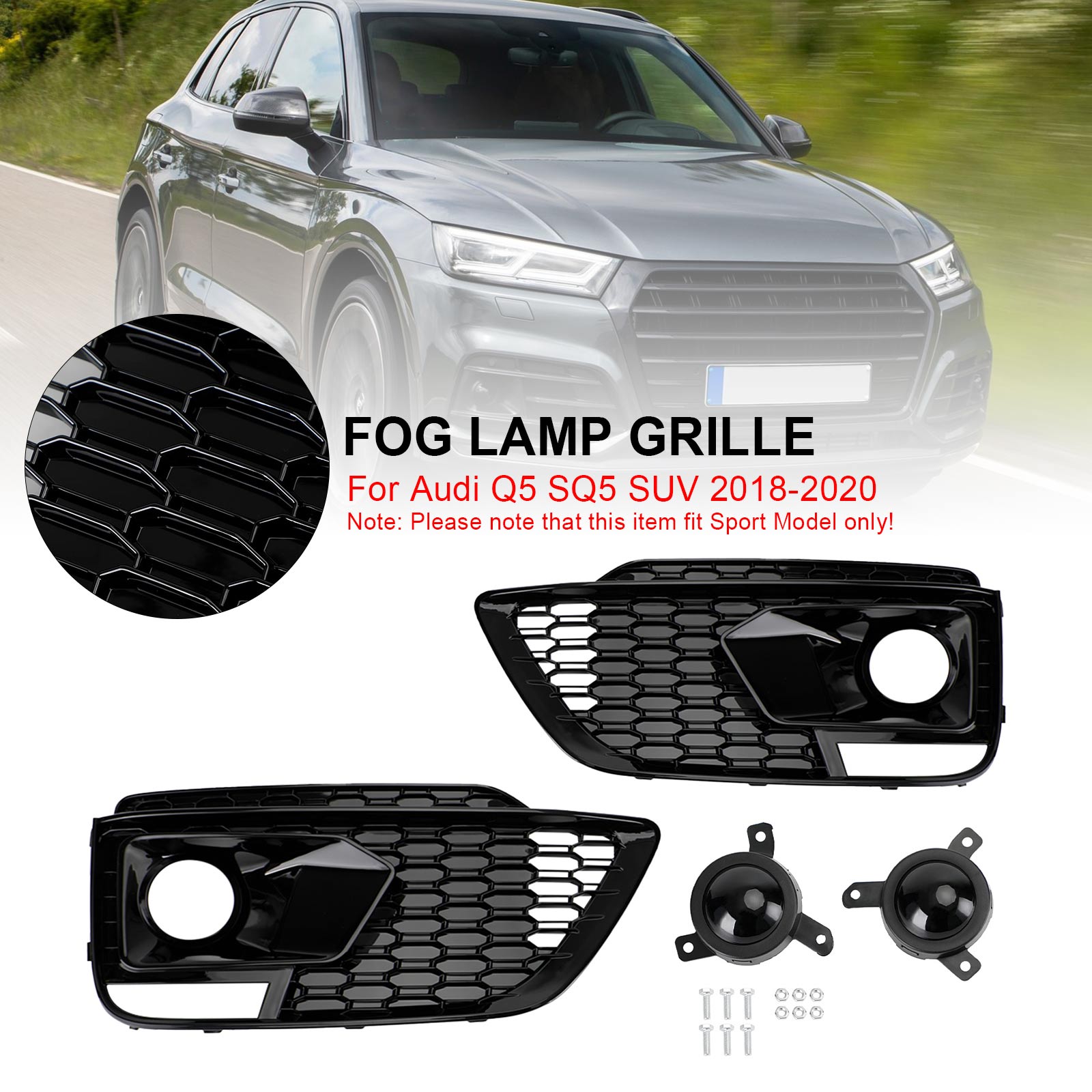 PALASER 2018-20 RSQ5 Audi Q5 SQ5 Suv Black Front Honeycomb Fog Lamp Grilles Cover - Image 6