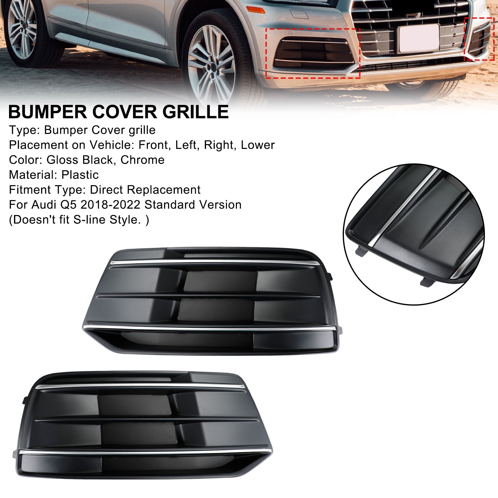 PALASER 2018-2022 Audi Q5 Standard Version 2PCS Black/chrome Front Bumper Cover Grille Bezel Insert - Image 6