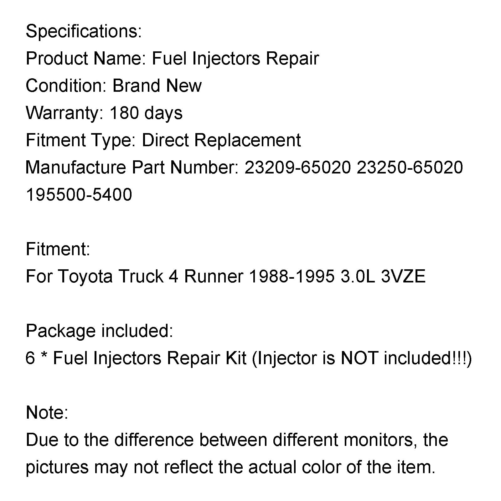 PALASER Toyota Truck 4 Runner 1988-1995 3.0L 3VZE 6PCS Fuel Injectors Repair Seal Rebuild Kit 23209-65020 23250-65020 195500-5400 - Image 12