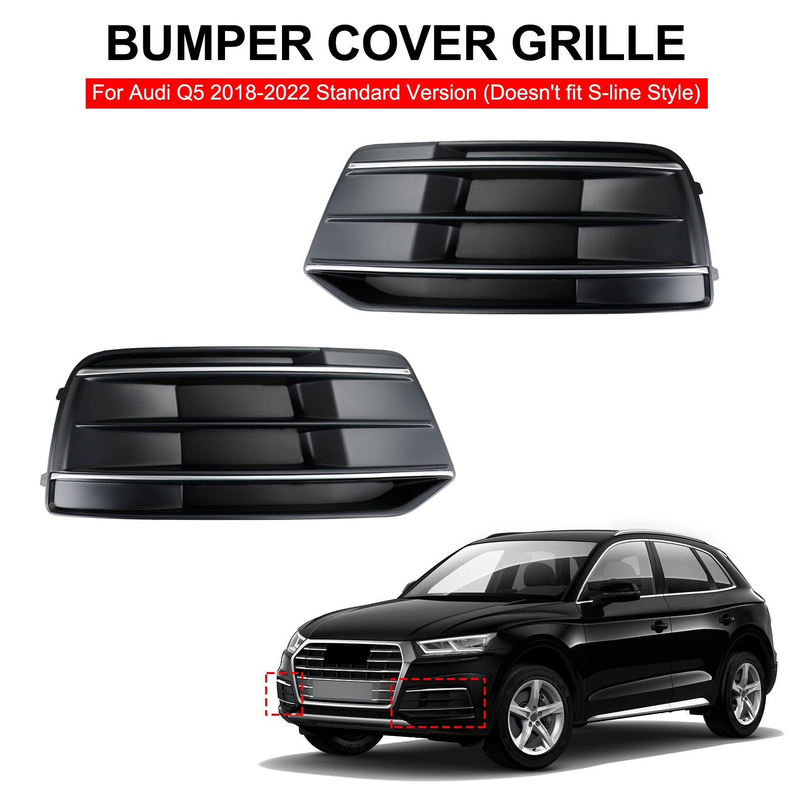PALASER 2018-2022 Audi Q5 Standard Version 2PCS Black/chrome Front Bumper Cover Grille Bezel Insert - Image 7