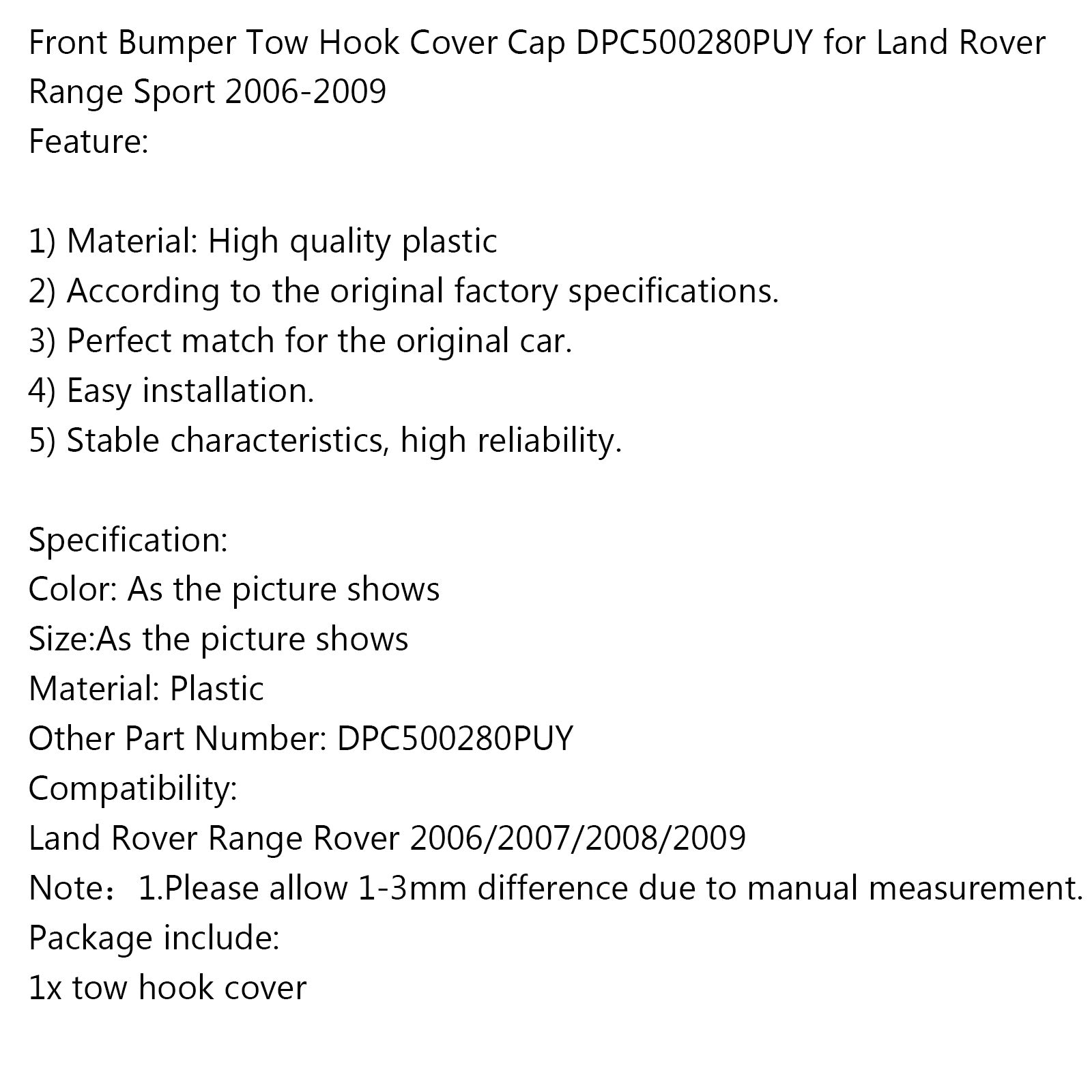 PALASER Land Rover Range Sport 2006-09 Front Bumper Tow Hook Cover Cap DPC500280PUY - Image 9