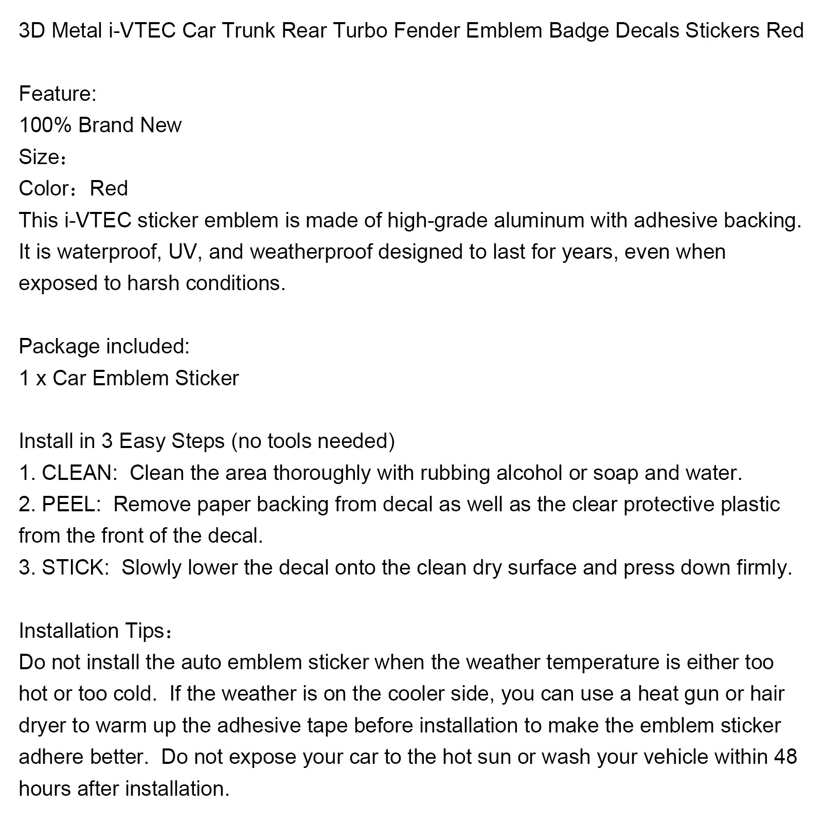 PALASER 3D Metal I-vtec Car Trunk Rear Turbo Fender Emblem Badge Decals Stickers Red - Image 9