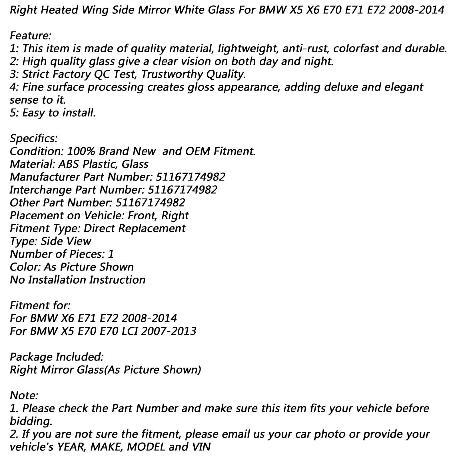 PALASER 2008-2014 BMW X5 X6 E70 E71 E72 Right Heated Wing Side Mirror White Glass - Image 6