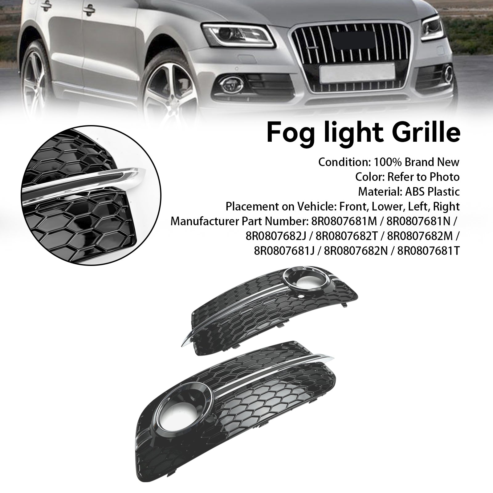 PALASER 2013-2017 Audi Q5 Standard Version Front Bumper Fog Light Grille Grill 8R0807681M 8R0807682J - Image 3