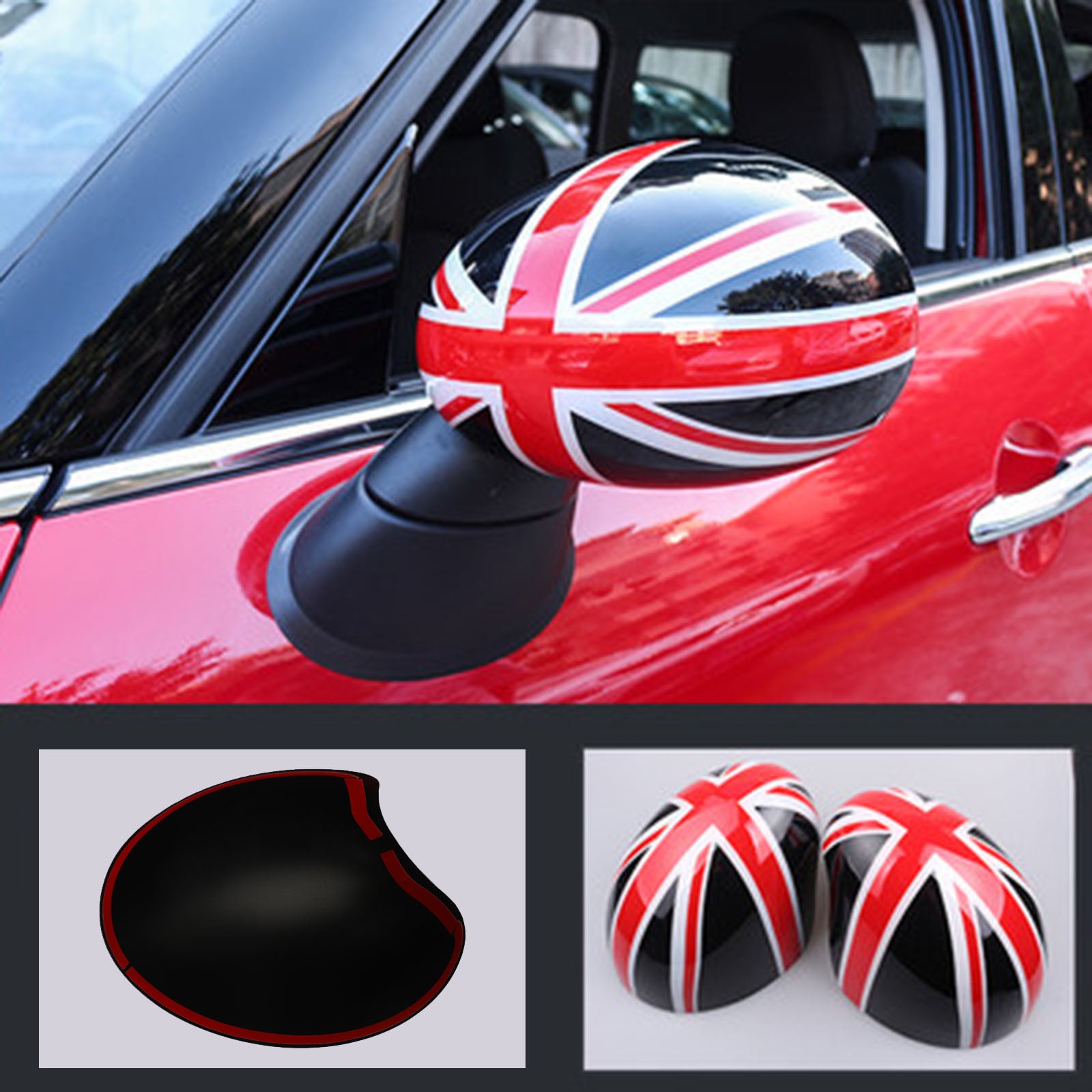PALASER Mini Cooper R55 R56 R57 Black/red 2 X Union Jack Uk Flag Mirror Covers - Image 2