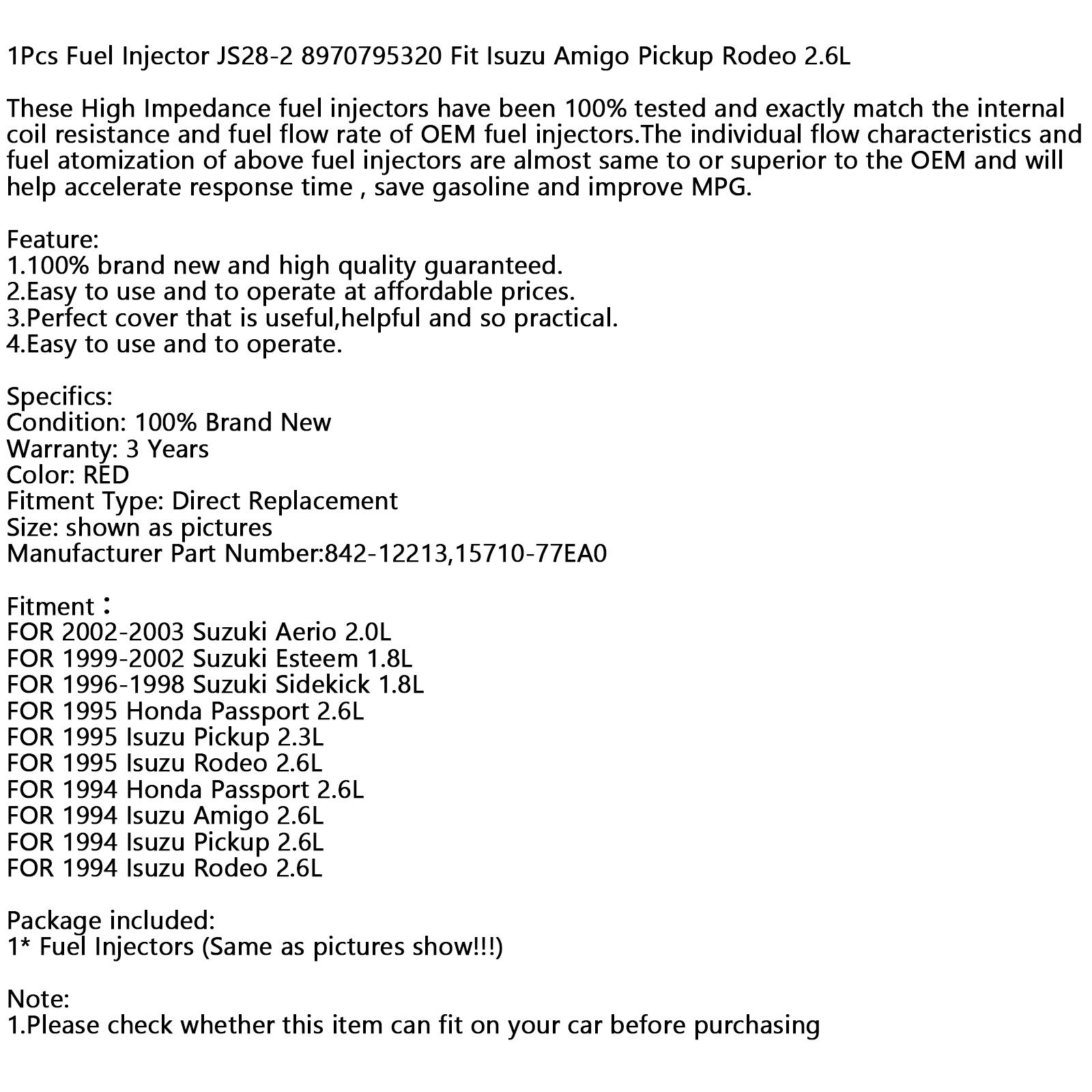 PALASER 1PCS Fuel Injectors JS28-2 8970795320 Fit Isuzu Amigo Pickup Rodeo 2.6L - Image 12