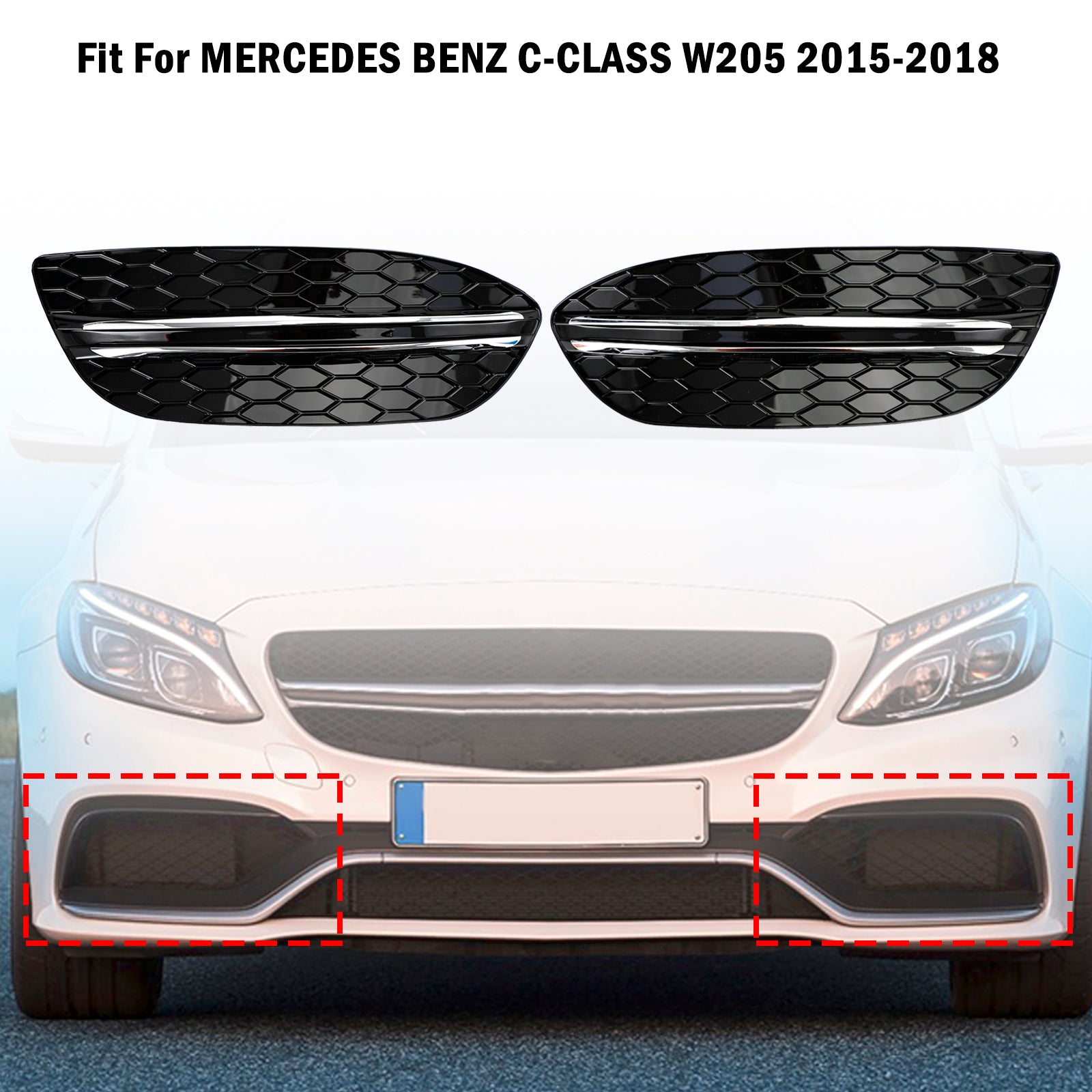 PALASER 2015-2018 Benz C-class W205 Base Sedan Honeycomb Front Fog Light Cover 2058850723 MB1038172 - Image 4