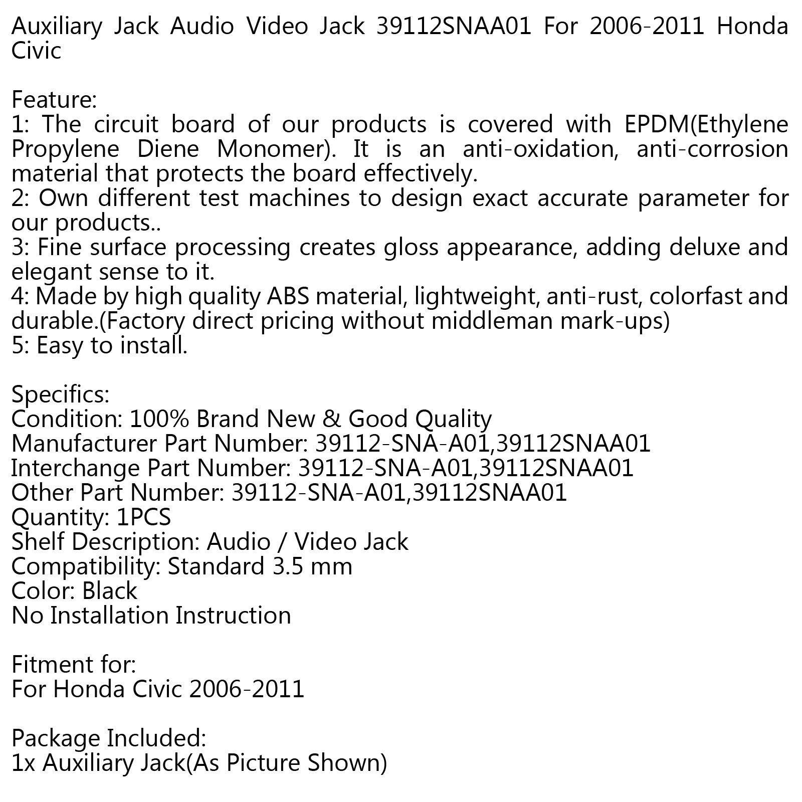 PALASER New Auxiliary Jack Audio Video Jack 39112SNAA01 Aux For 2006-2011 Honda Civic - Image 5
