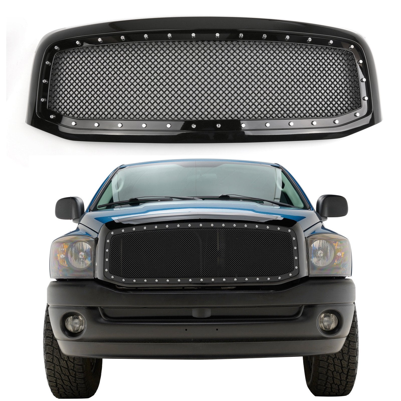 PALASER 2006-2008 Dodge Ram 1500 2500 3500 Front Hood Grill Mesh Style Rivet Grille Replacement Black/chrome - Image 13