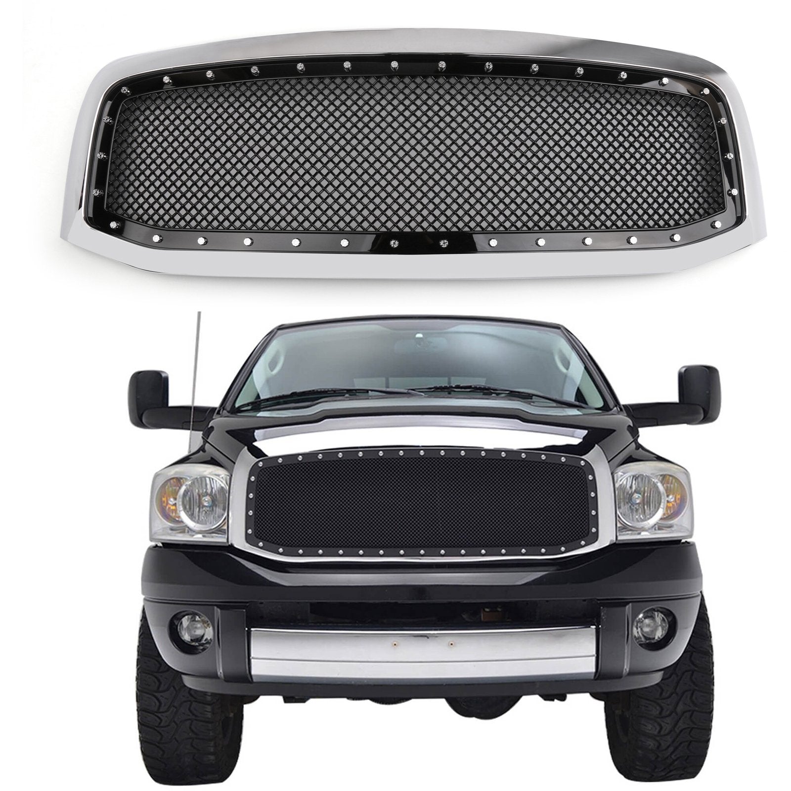 PALASER 2006-2008 Dodge Ram 1500 2500 3500 Front Hood Grill Mesh Style Rivet Grille Replacement Black/chrome - Image 11