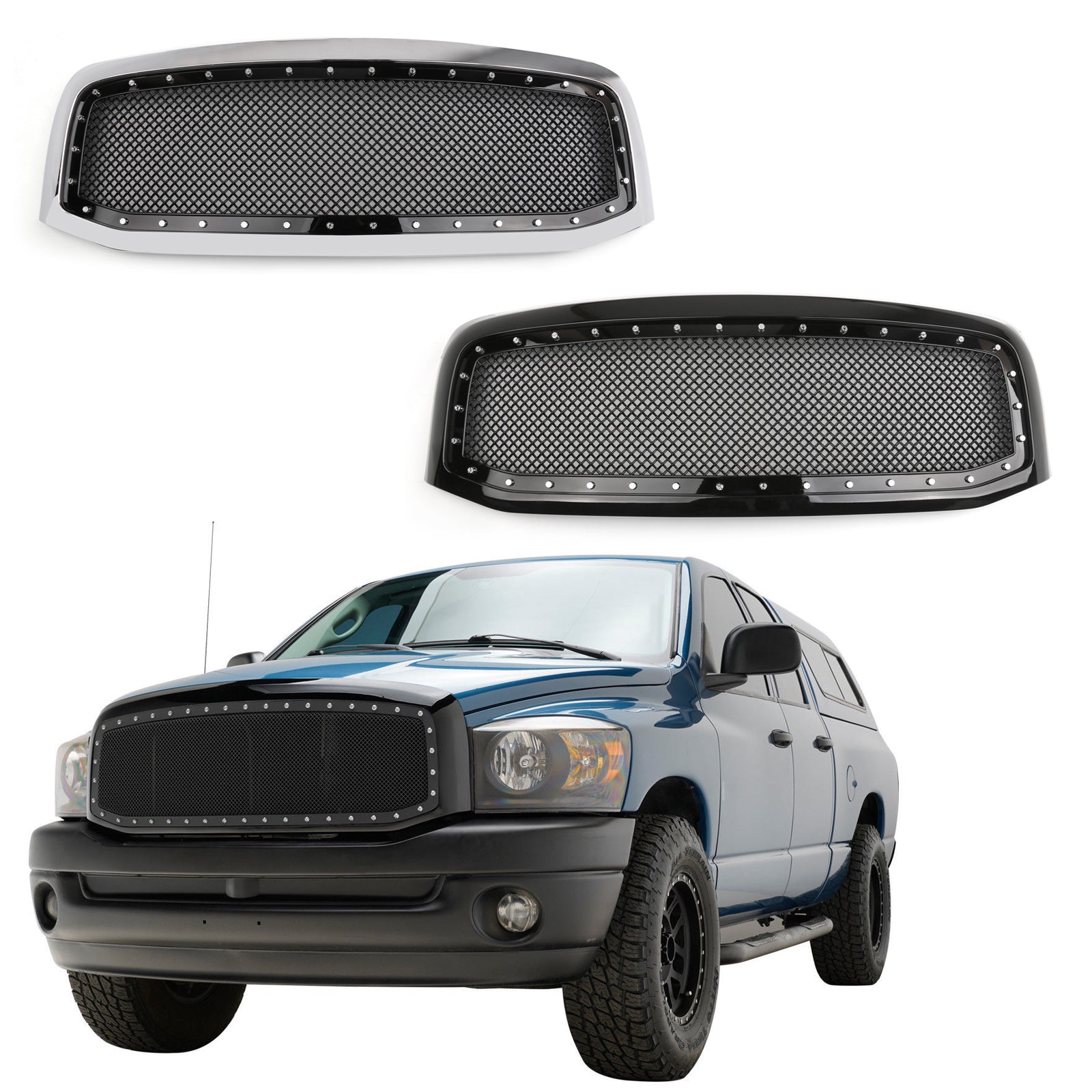 PALASER 2006-2008 Dodge Ram 1500 2500 3500 Front Hood Grill Mesh Style Rivet Grille Replacement Black/chrome