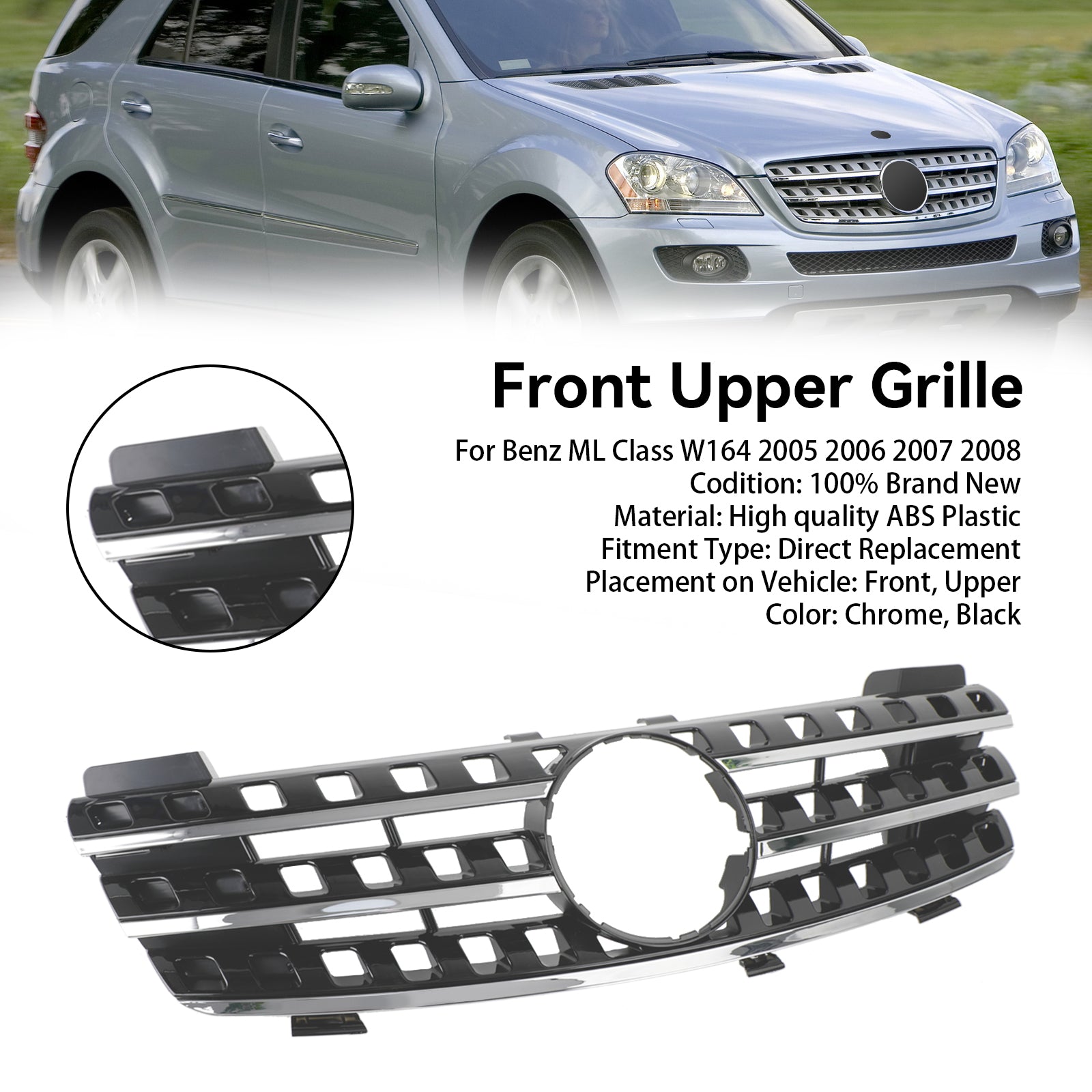 PALASER 2005-2008 W164 Benz Ml-class Front Grill Chrome/black Grille - Image 7