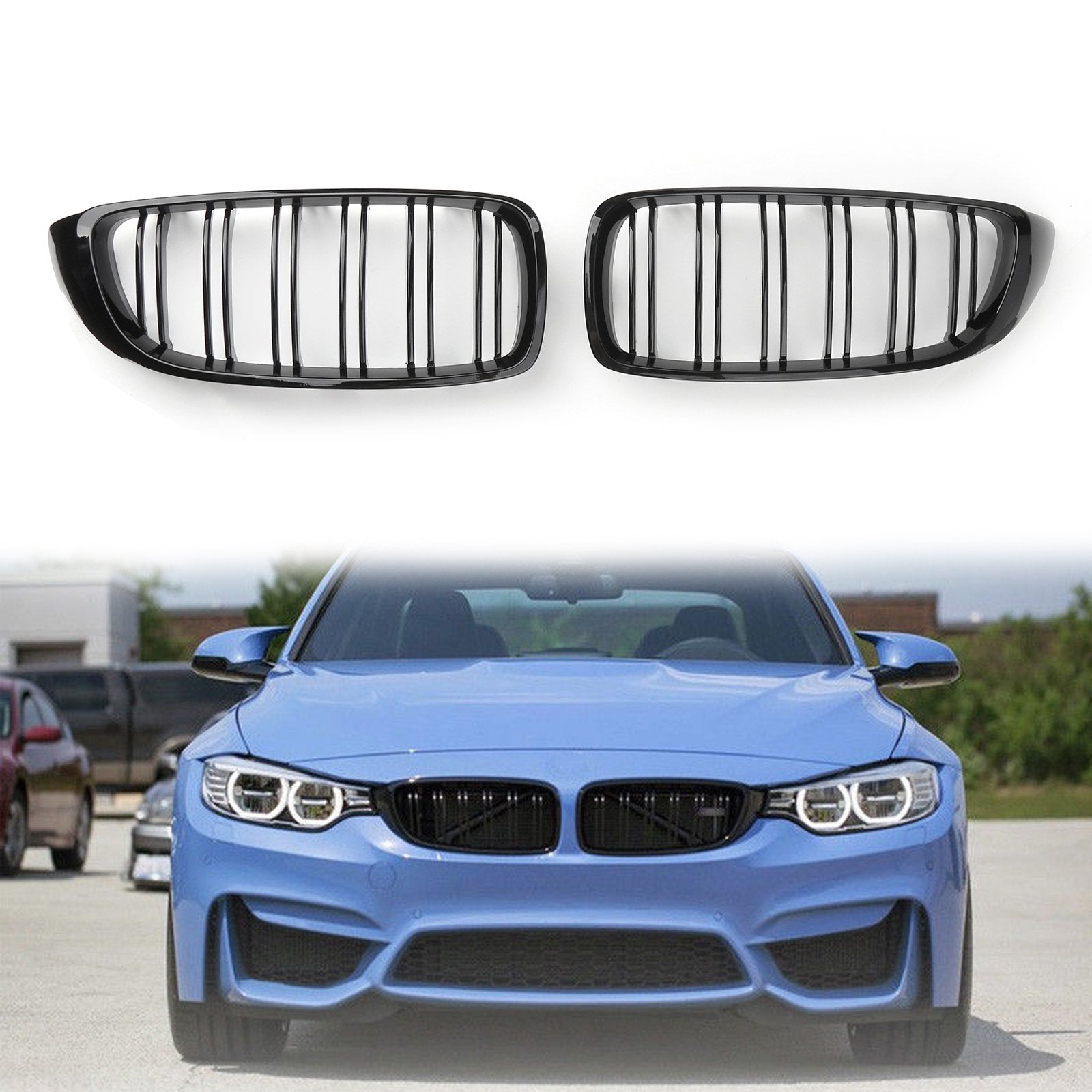 PALASER For BMW F32 F33 F36 F82 2014+ Gloss Black Kidney Grille Dual Slat M4 Sport Grill