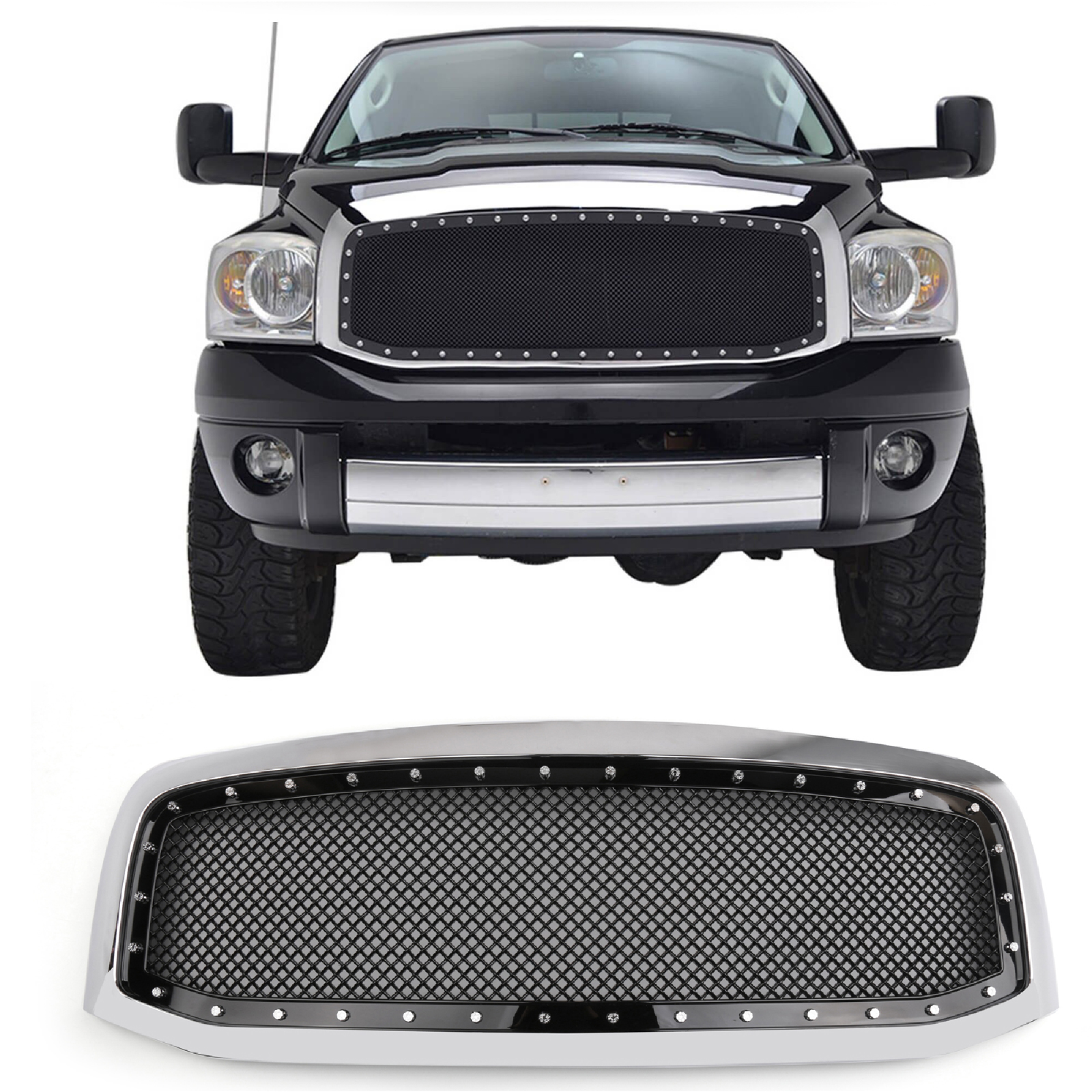 PALASER 2006-2008 Dodge Ram 1500 2500 3500 Front Hood Grill Mesh Style Rivet Grille Replacement Black/chrome - Image 3