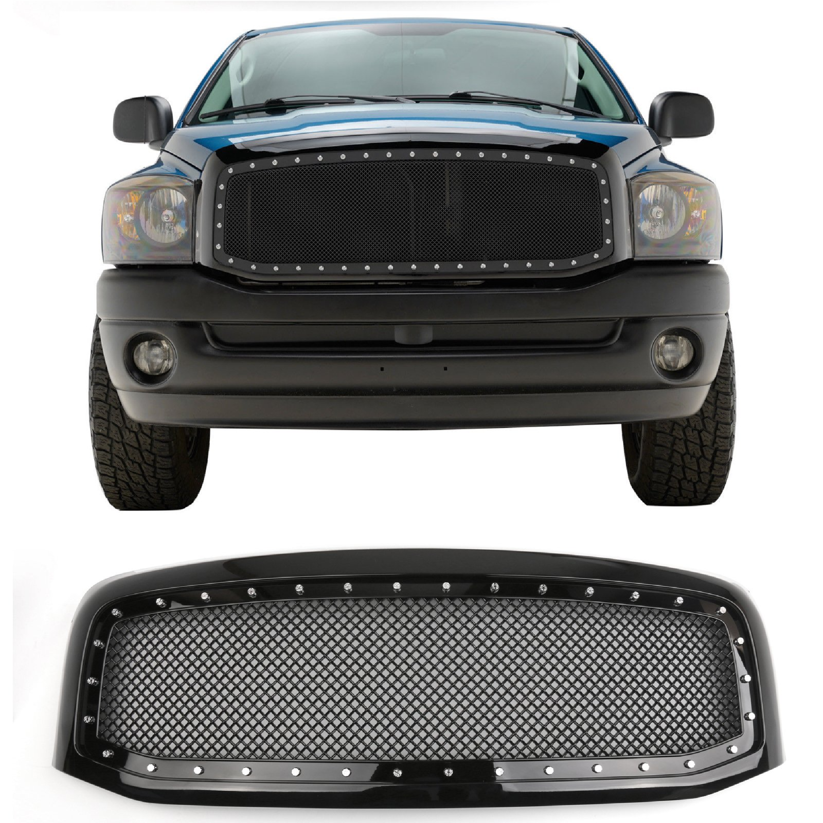 PALASER 2006-2008 Dodge Ram 1500 2500 3500 Front Hood Grill Mesh Style Rivet Grille Replacement Black/chrome - Image 2