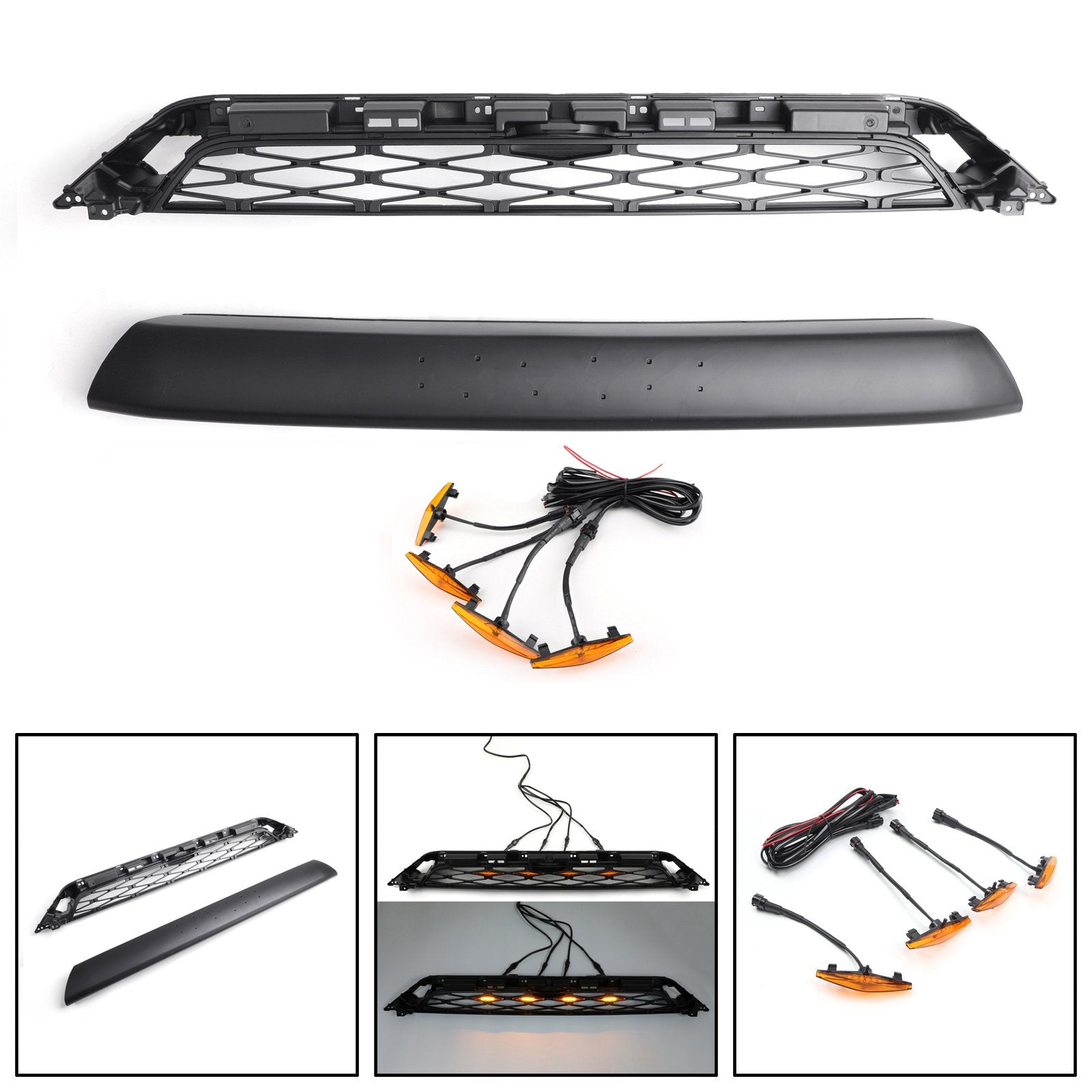 PALASER 2014-2019 Toyota 4Runner Trd Pro Front Grille Grill Kit Gray Word + LED Light