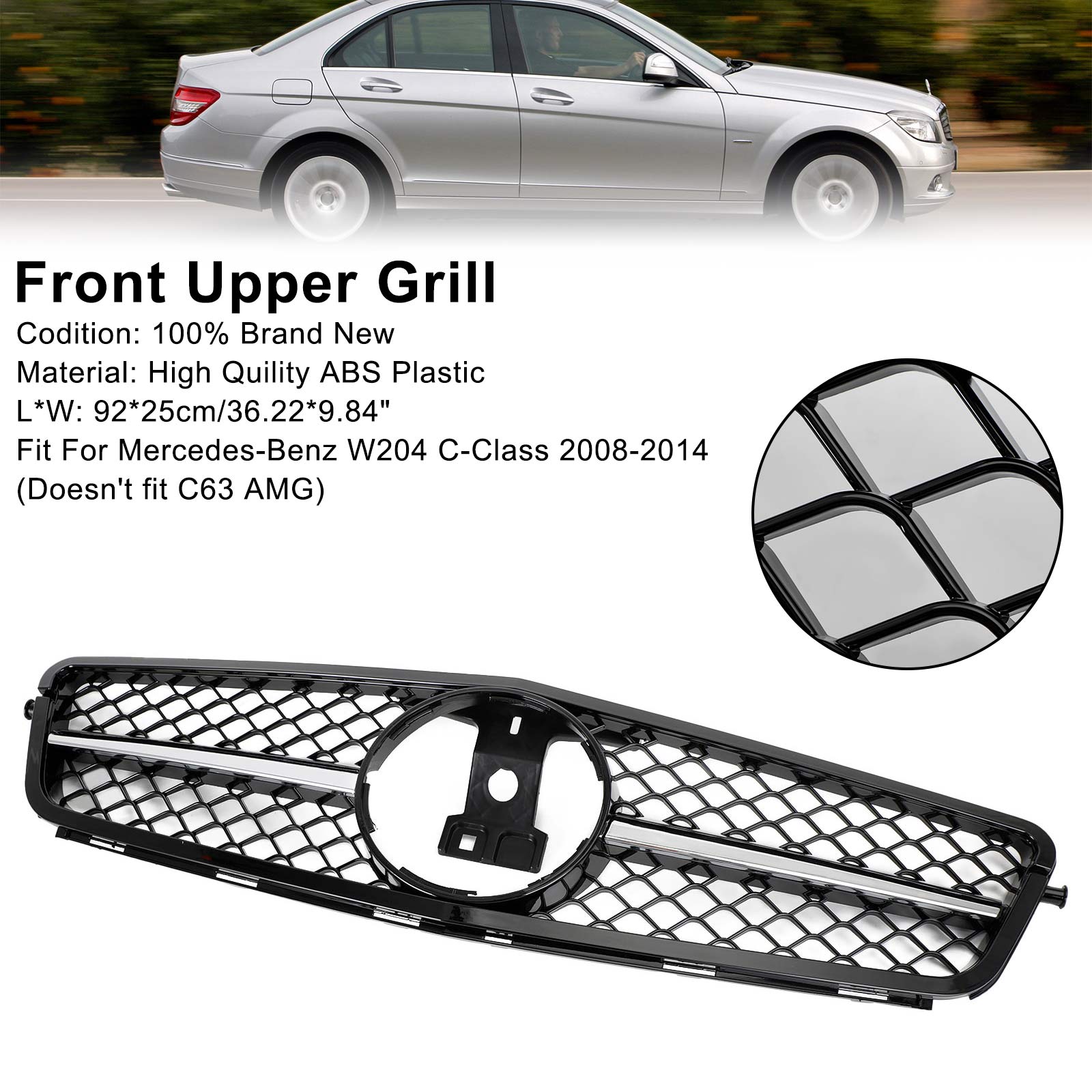PALASER 2008-14 C-class W204 C300 C350 Benz Grille ABS Gloss Black Chrome Front Grille Replacement - Image 10