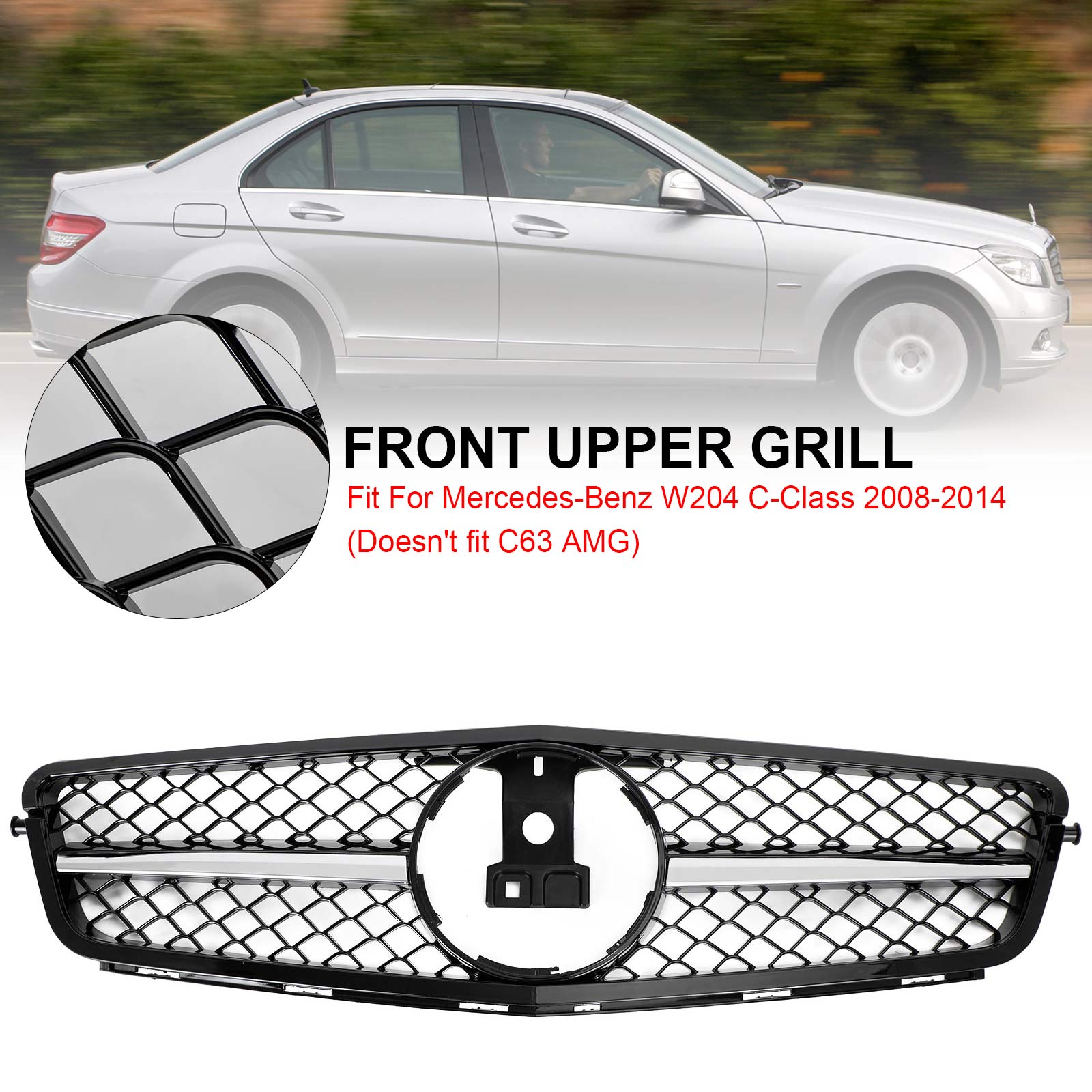PALASER 2008-14 C-class W204 C300 C350 Benz Grille ABS Gloss Black Chrome Front Grille Replacement