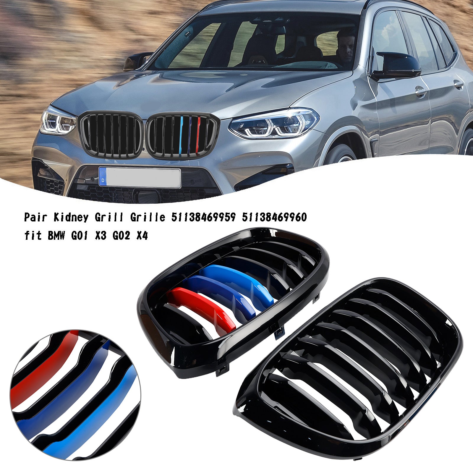 PALASER BMW G01 X3 G02 X4 Pair M-color Kidney Grill Grille 51138469959 Gloss Black - Image 7