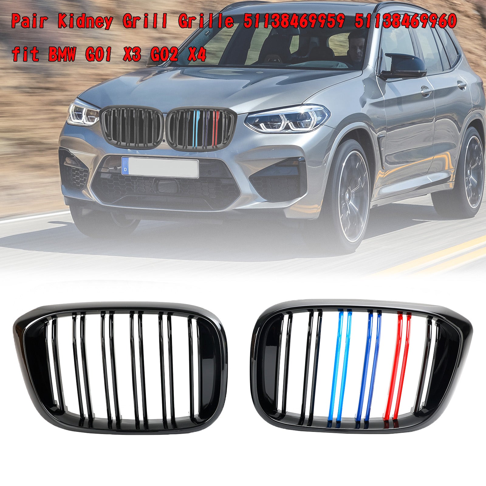 PALASER 2018-2021 BMW G01 X3 G02 X4 2PCS M-color Kidney Grill Grille 51138469959 Gloss Black - Image 4