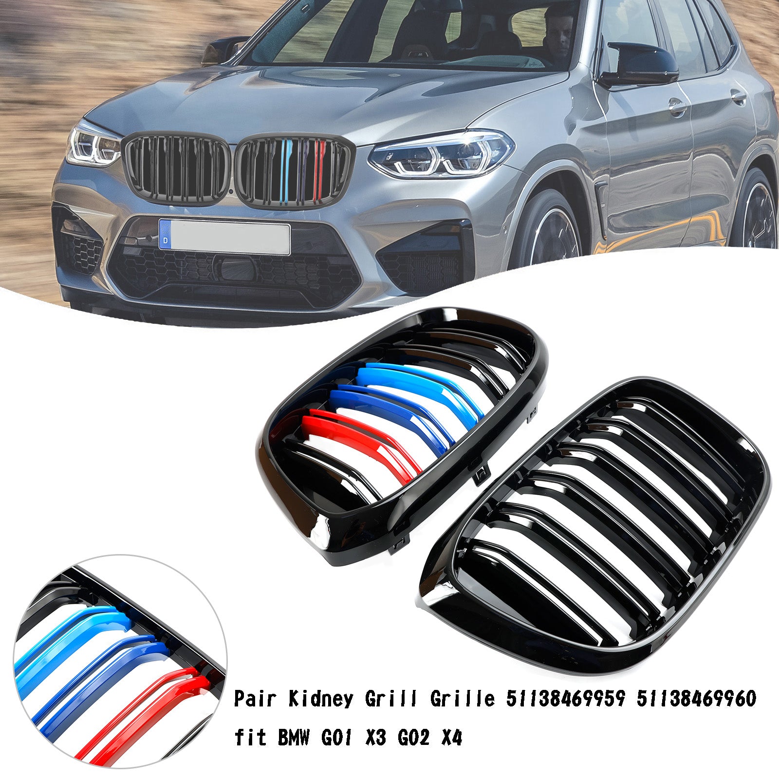 PALASER 2018-2021 BMW G01 X3 G02 X4 2PCS M-color Kidney Grill Grille 51138469959 Gloss Black - Image 7