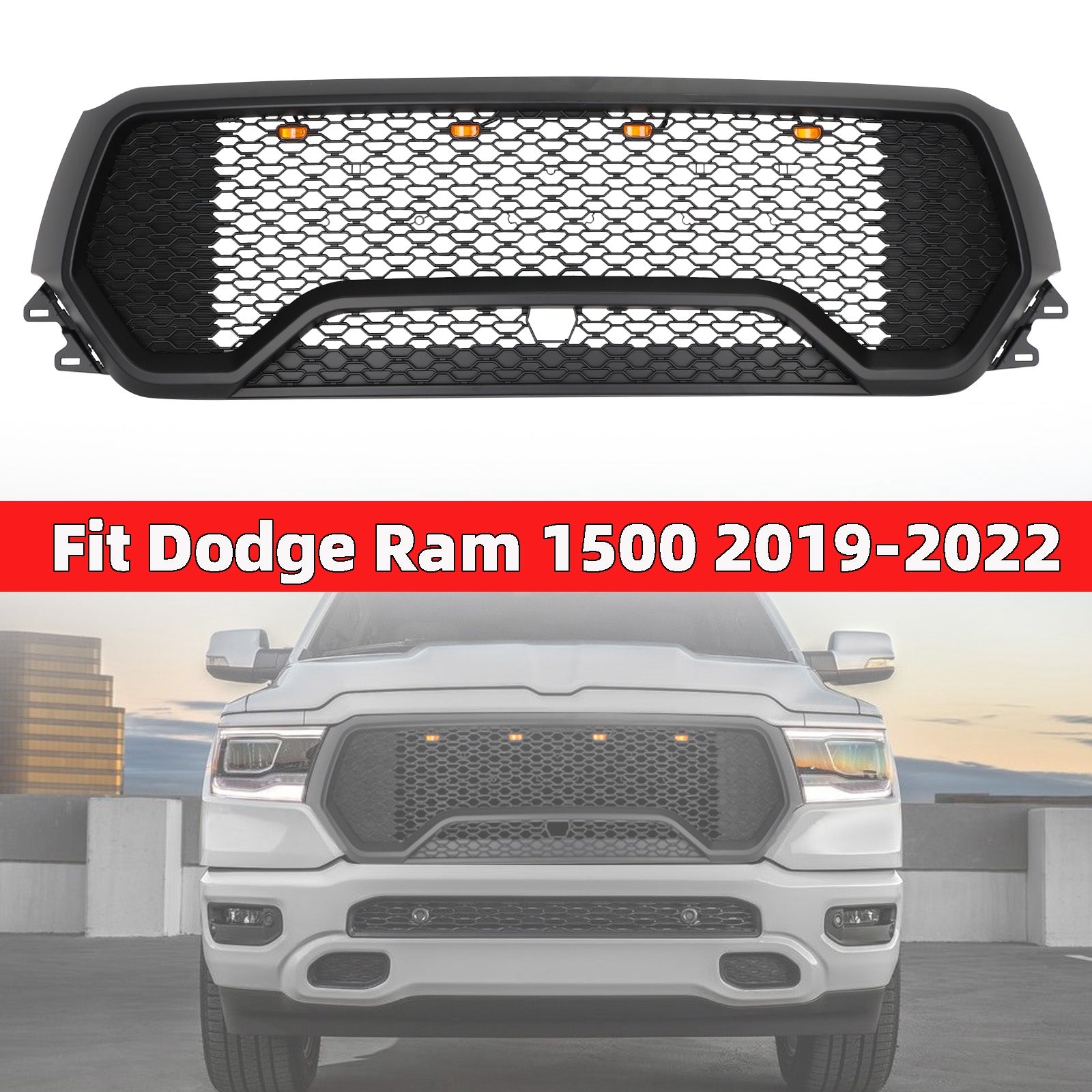 PALASER 2019-2024 Dodge Ram 1500 Trx Style LED Honeycomb Front Upper Hood Grille