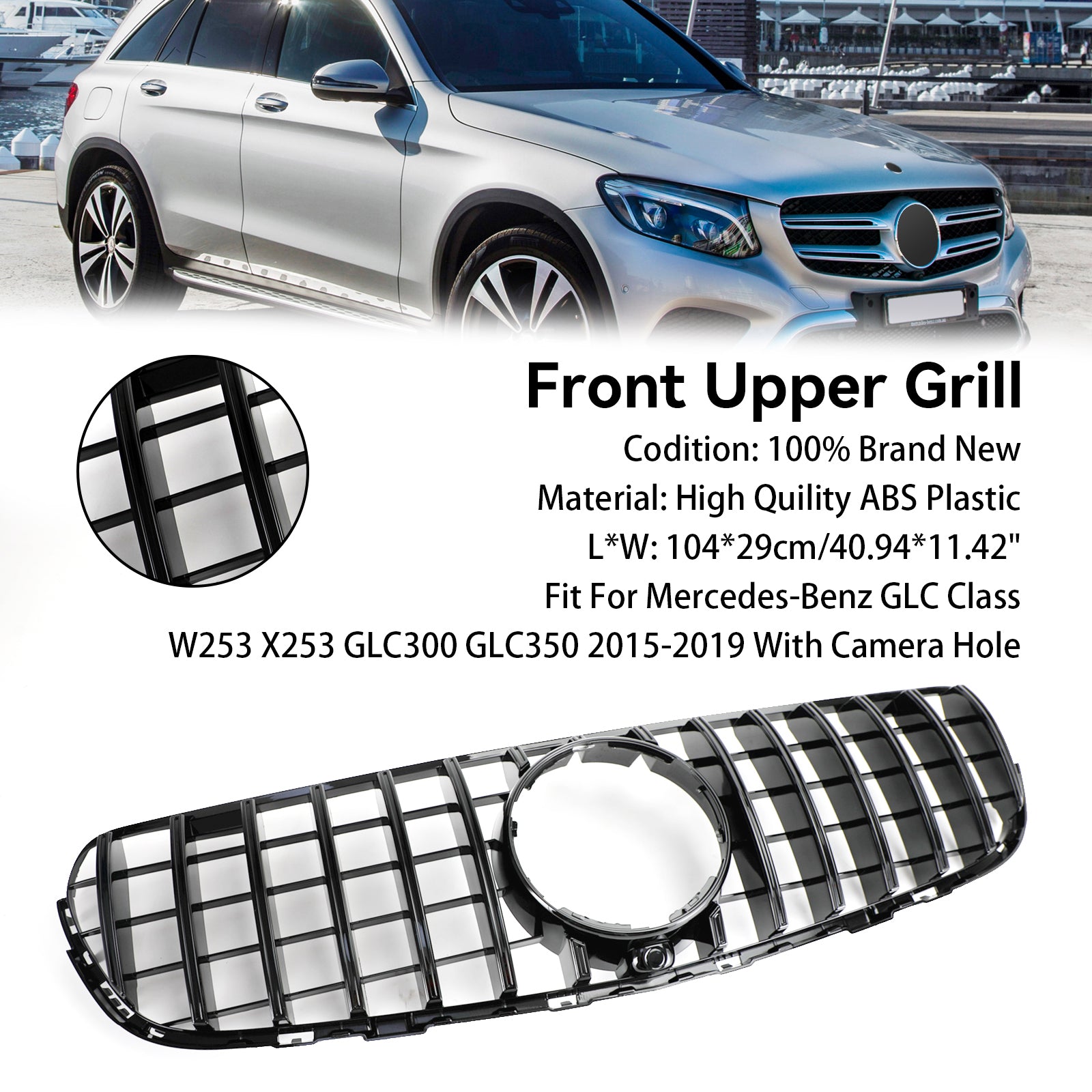 PALASER 2015-2019 Benz W253 Glc-class GLC300 GLC350 Front Bumper Grille Gloss Black Grill With Camera Hole - Image 7