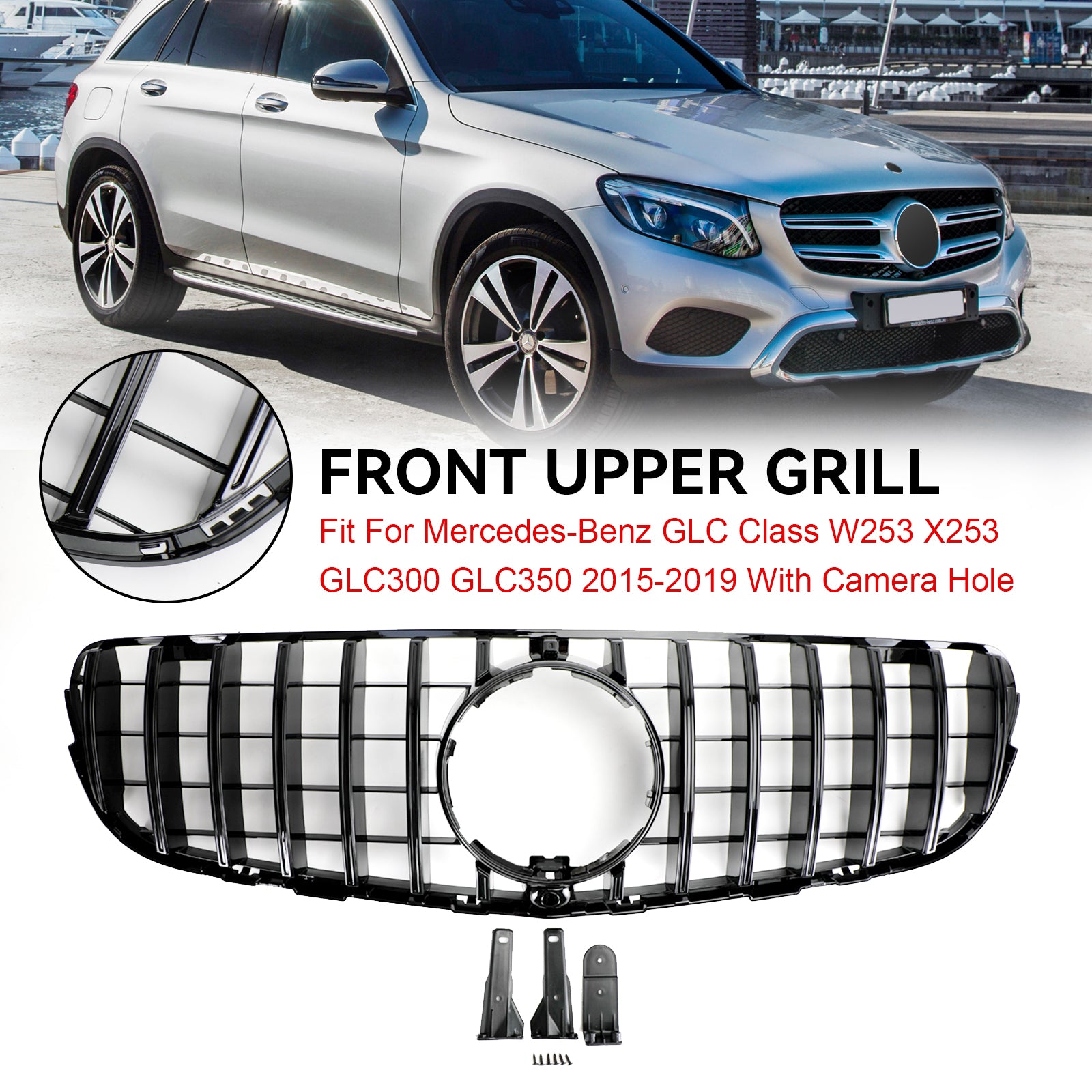 PALASER 2015-2019 Benz W253 Glc-class GLC300 GLC350 Front Bumper Grille Gloss Black Grill With Camera Hole - Image 8
