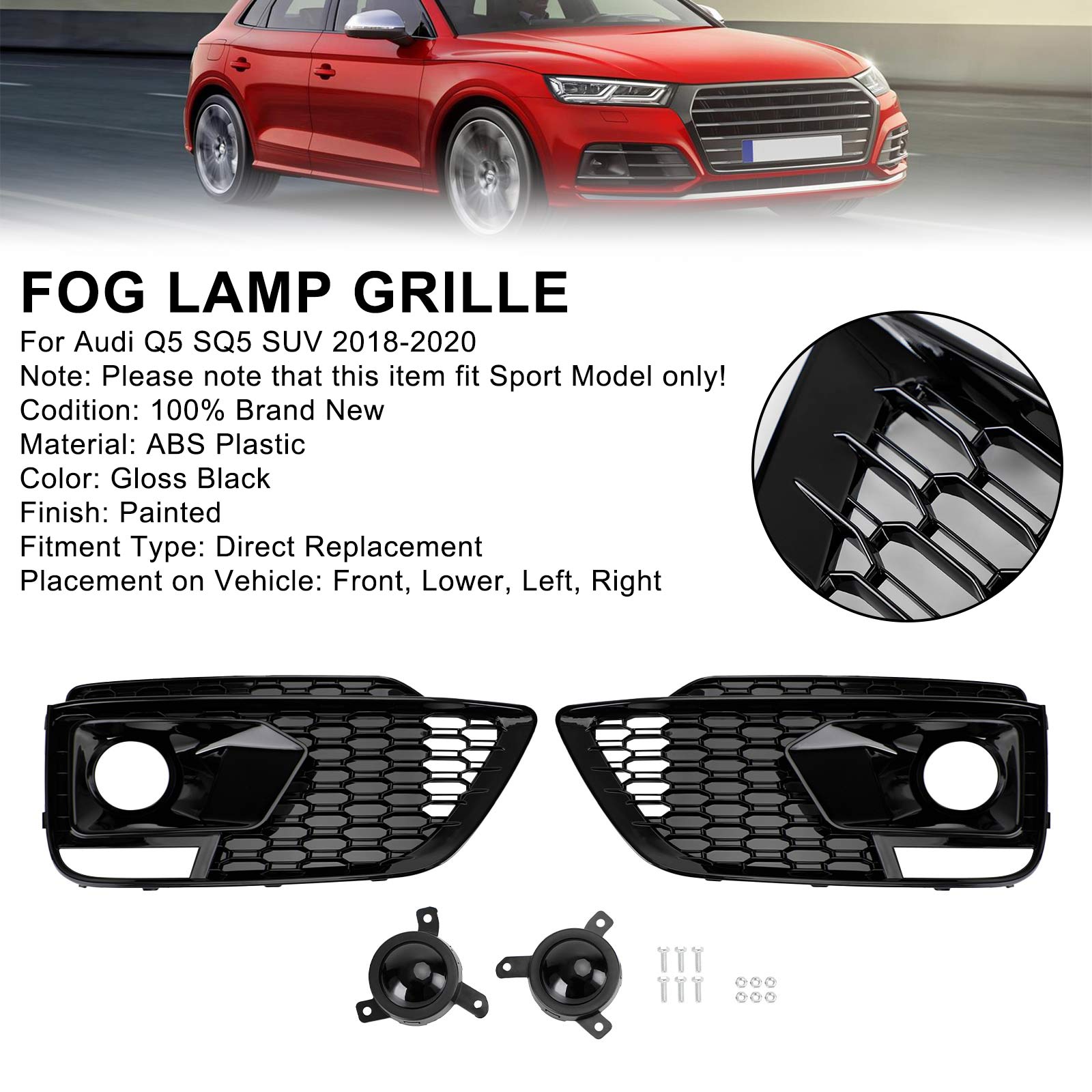 PALASER 2018-20 RSQ5 Audi Q5 SQ5 Suv Black Front Honeycomb Fog Lamp Grilles Cover - Image 4