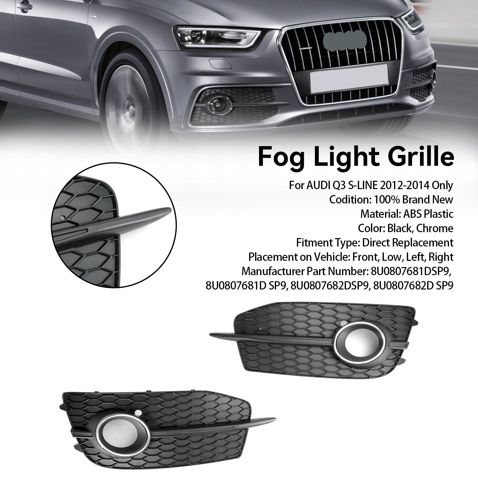 PALASER 2012-2014 Audi Q3 S-line 2PCS Bumper Fog Light Grill 8U0807681DSP9 - Image 2