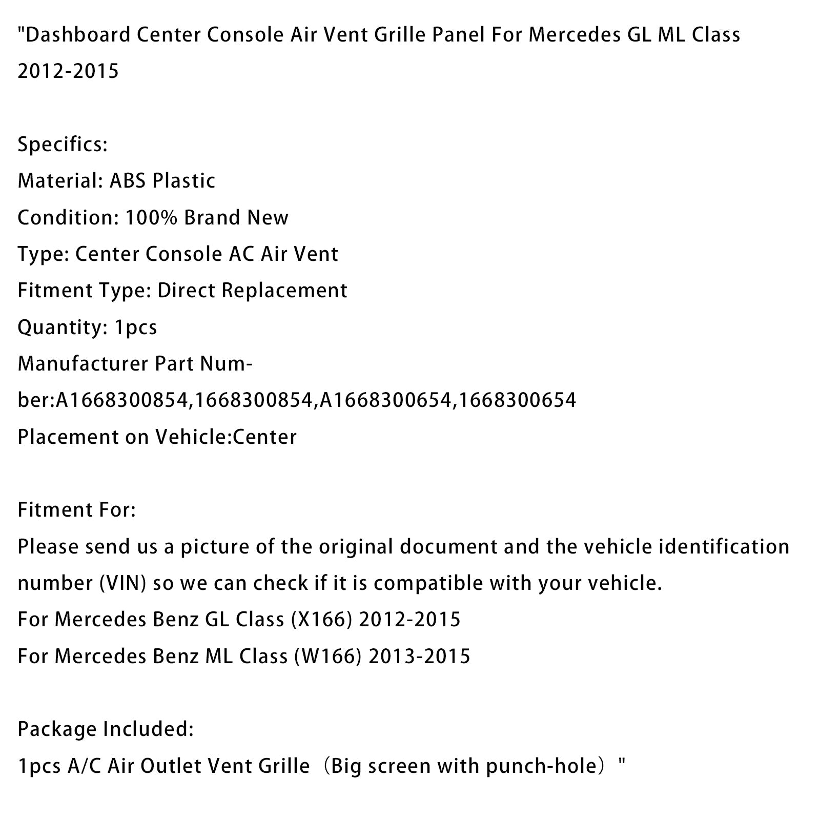 PALASER Dashboard Center Air Vent Big Screen For Mercedes Gl Ml X166 W166 2013-2015 - Image 7