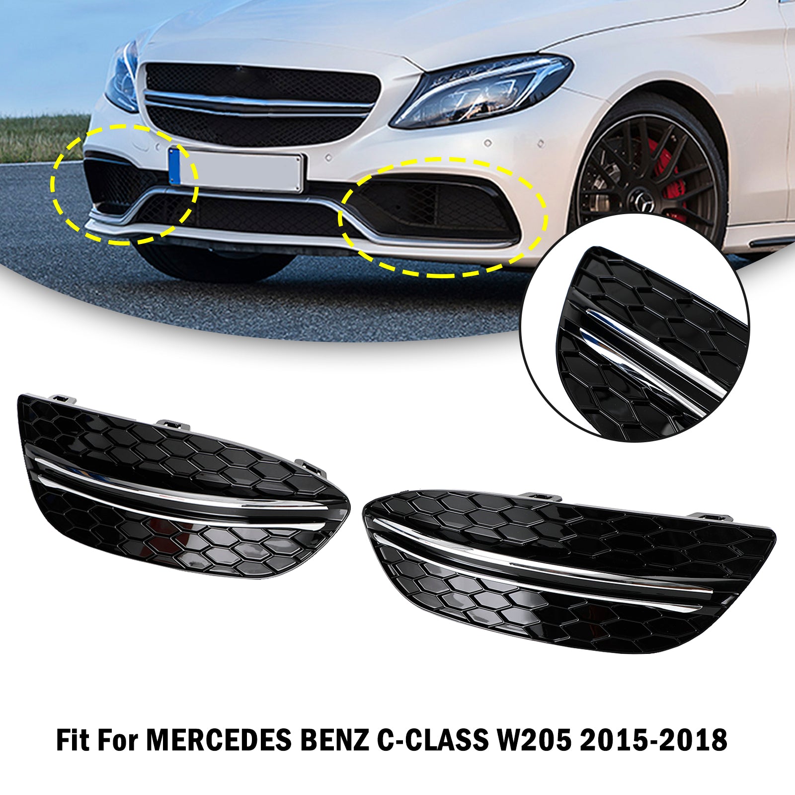 PALASER 2015-2018 Benz C-class W205 Base Sedan Honeycomb Front Fog Light Cover 2058850723 MB1038172 - Image 7