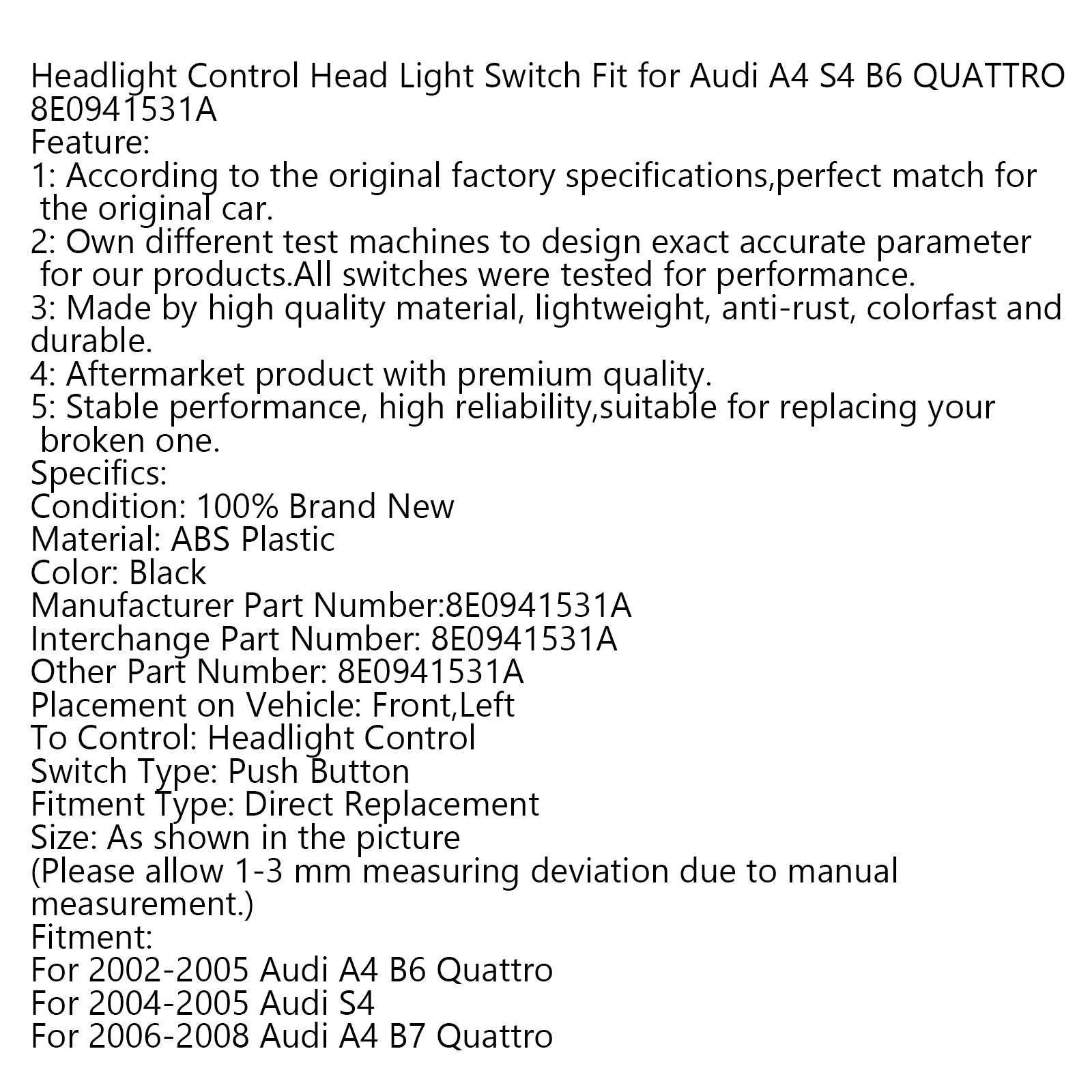 PALASER Headlight Control Head Light Switch Fit For Audi A4 S4 B6 Quattro 8E0941531A - Image 9