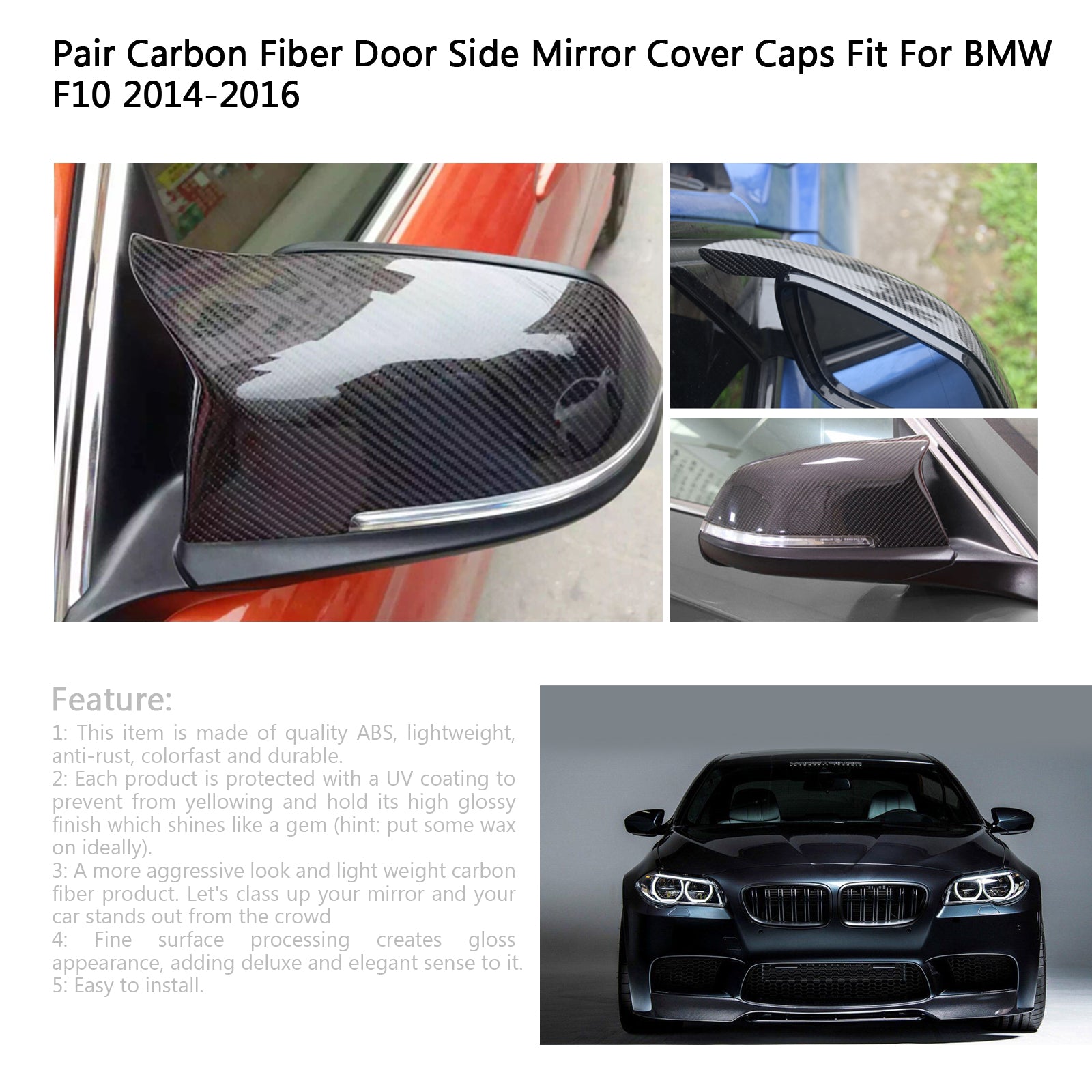 PALASER Pair Carbon Fiber Side Rear View Mirror Cover Caps For BMW F10 F18 2014-2016 - Image 4