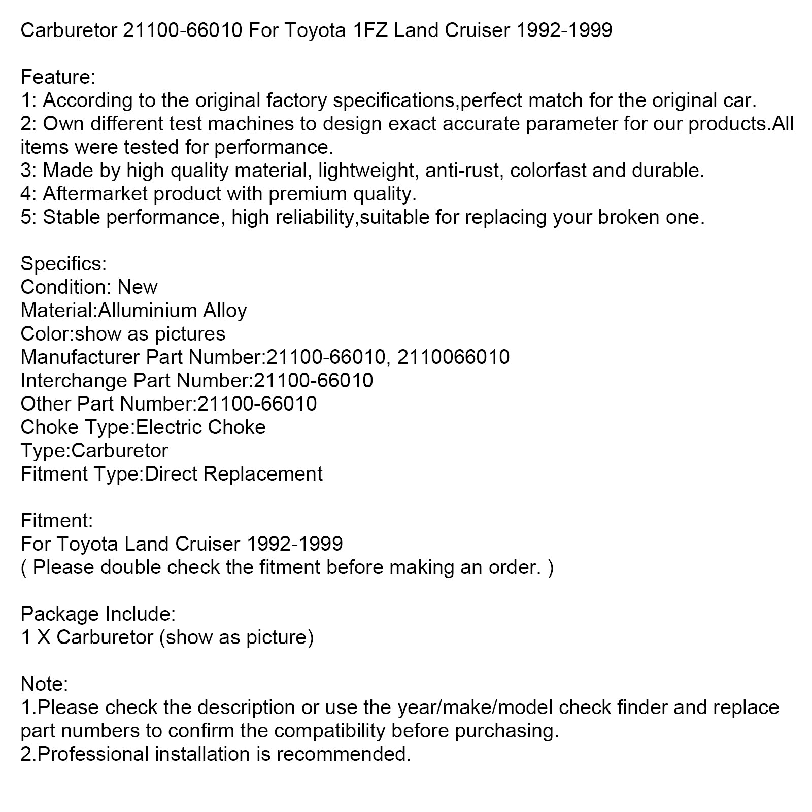 PALASER Toyota 1FZ Land Cruiser 1992-1999 Carburetor 21100-66010 - Image 9