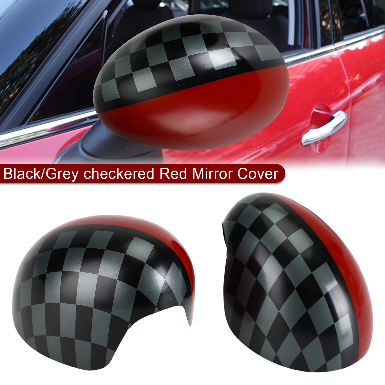 PALASER Black/grey Checkered Red Mirror Cover For Mini Cooper Hardtop F55 F56