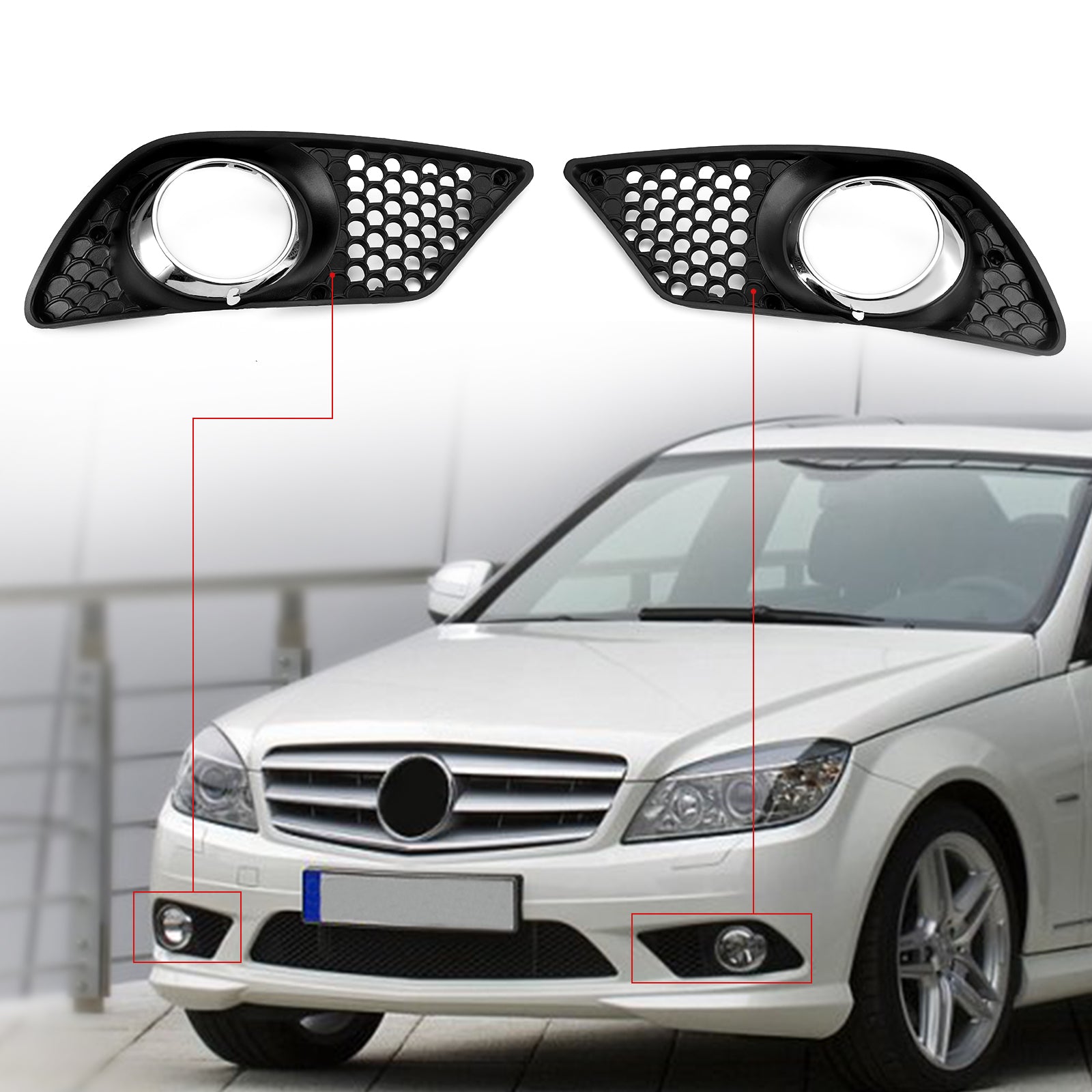PALASER 2008-2010 Benz C-class W204 Pair Front Bumper Fog Light Grill